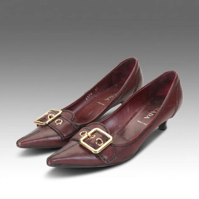 Prada D'Orsay Buckle Kitten Heel Pumps in Burgundy
