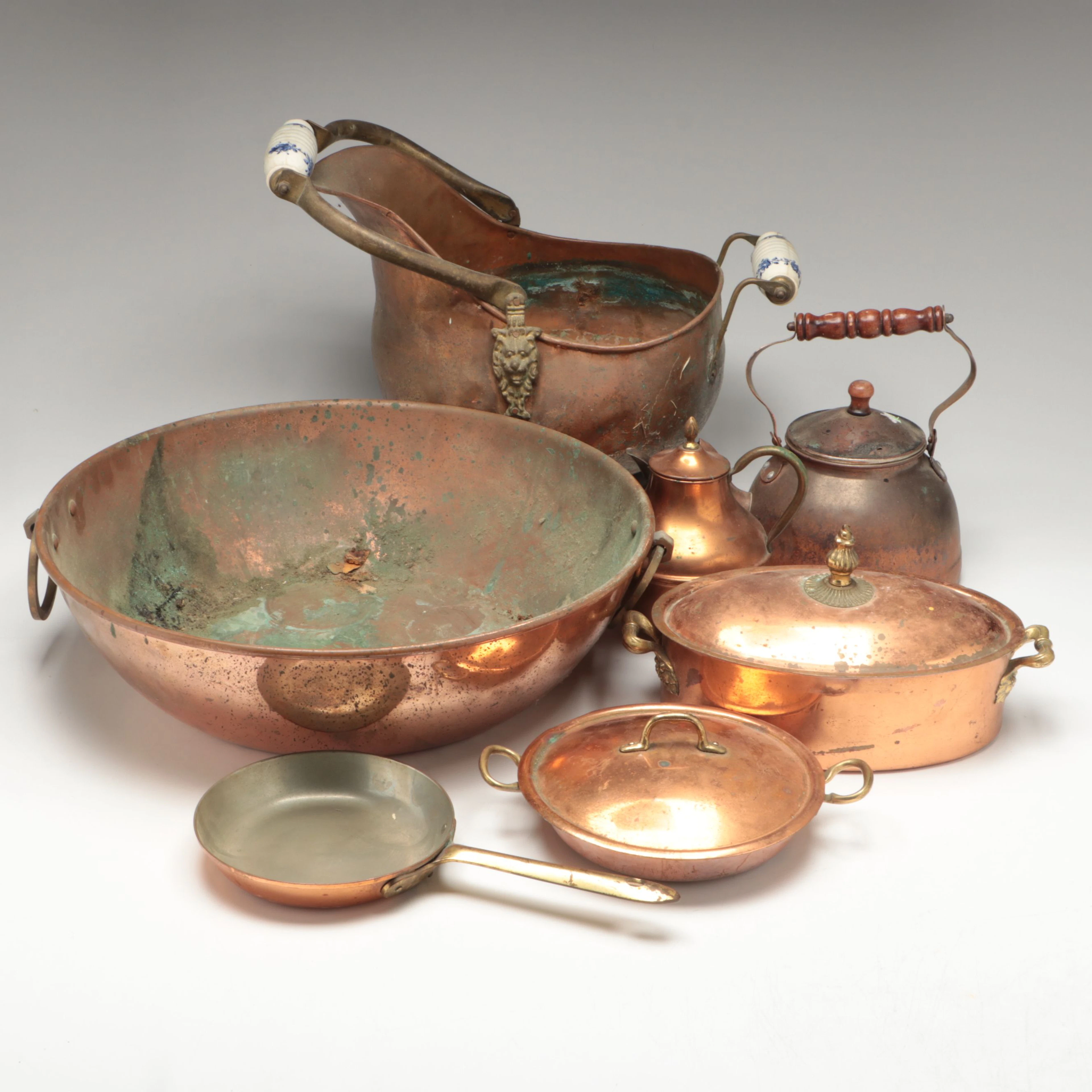 Copper and Porcelain Handled Coal Scuttle with Pots, Kettles and More
