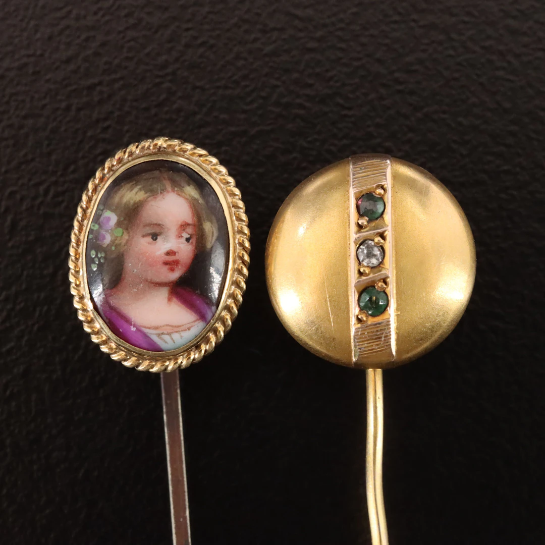 Victorian & Antique 10K Painted Portrait and Emerald Stickpins