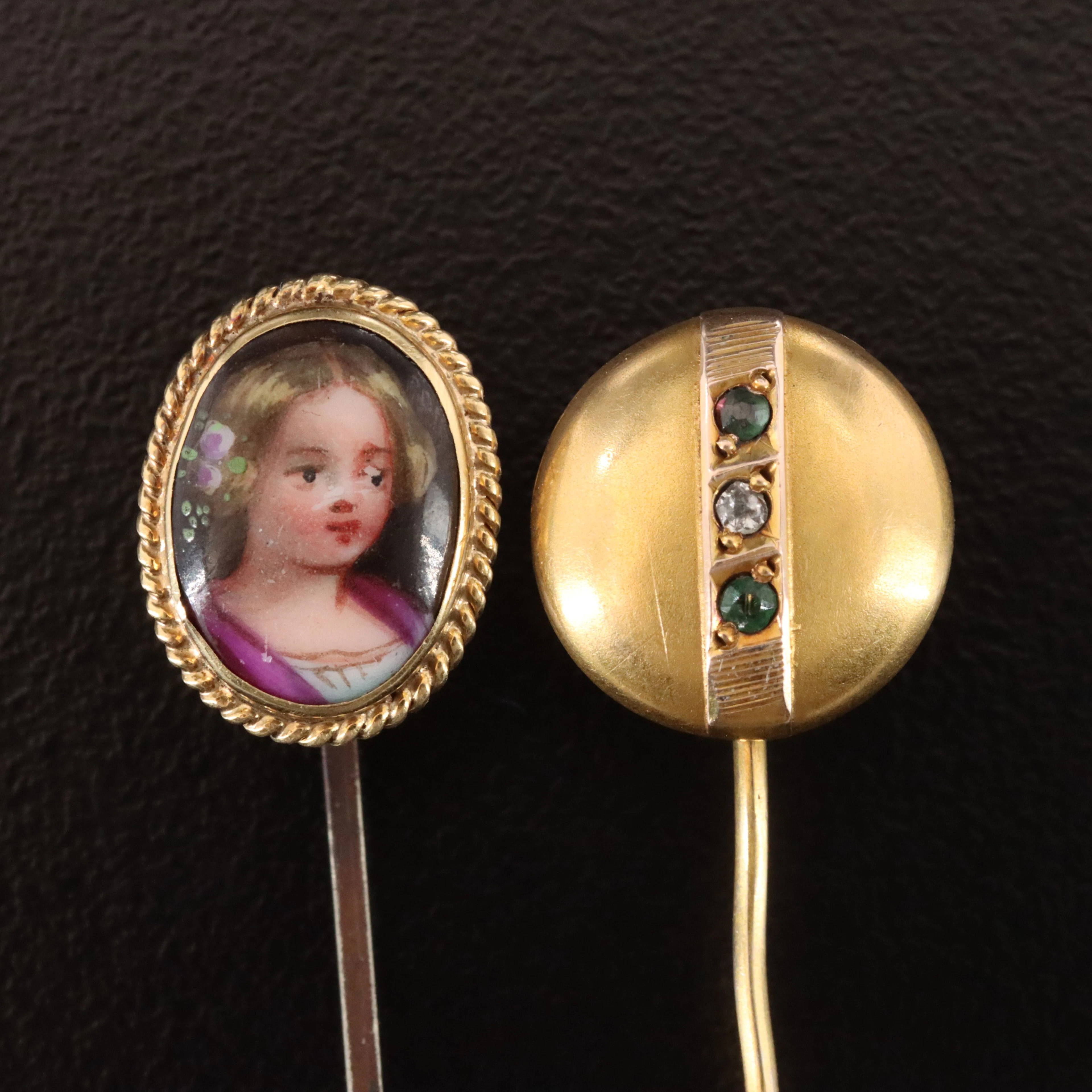 Victorian & Antique 10K Painted Portrait and Emerald Stickpins