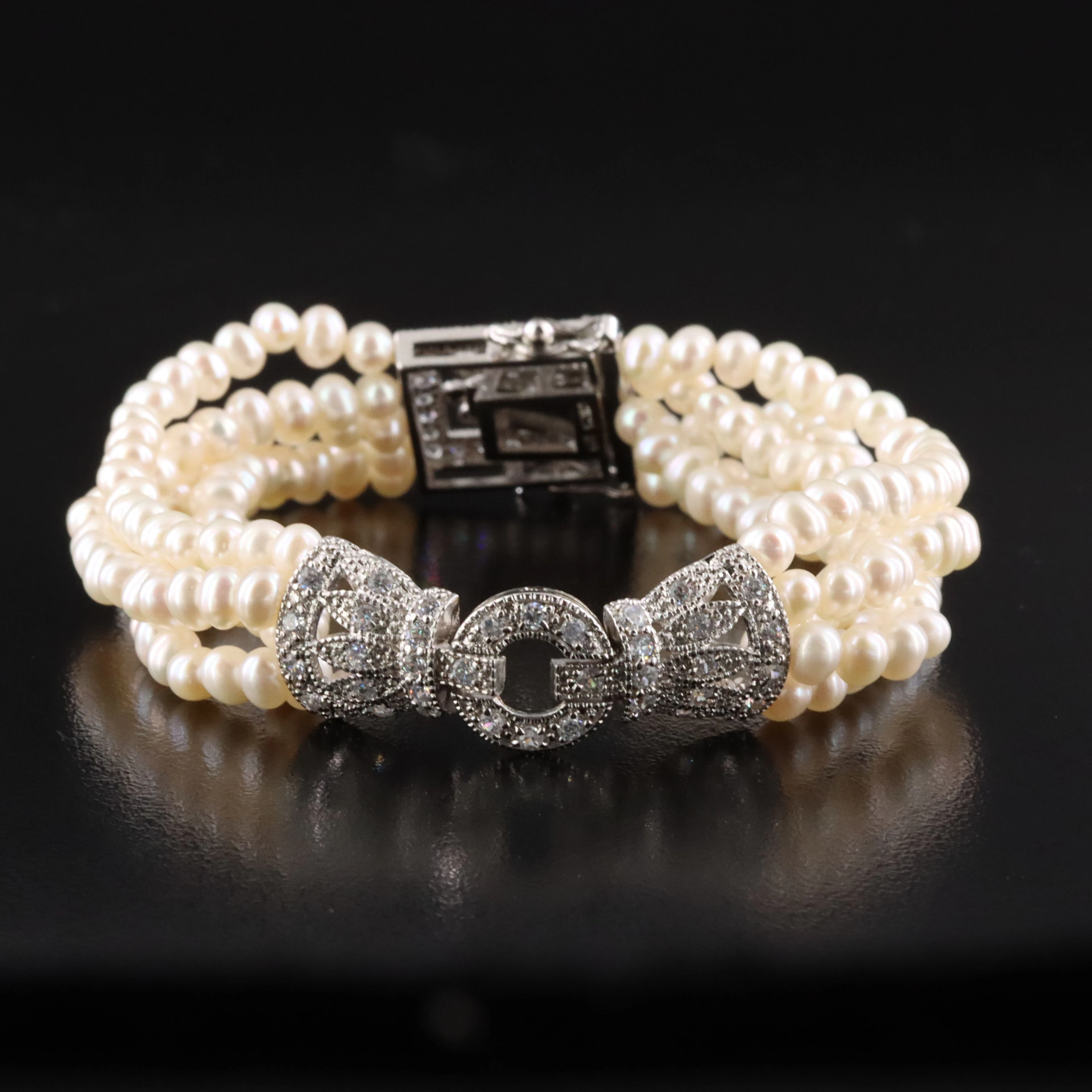 Sterling Multi-Strand Pearl and CZ Bracelet