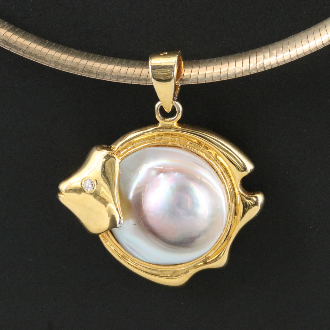 Sterling Pearl and CZ Eyed Fish Pendant Necklace