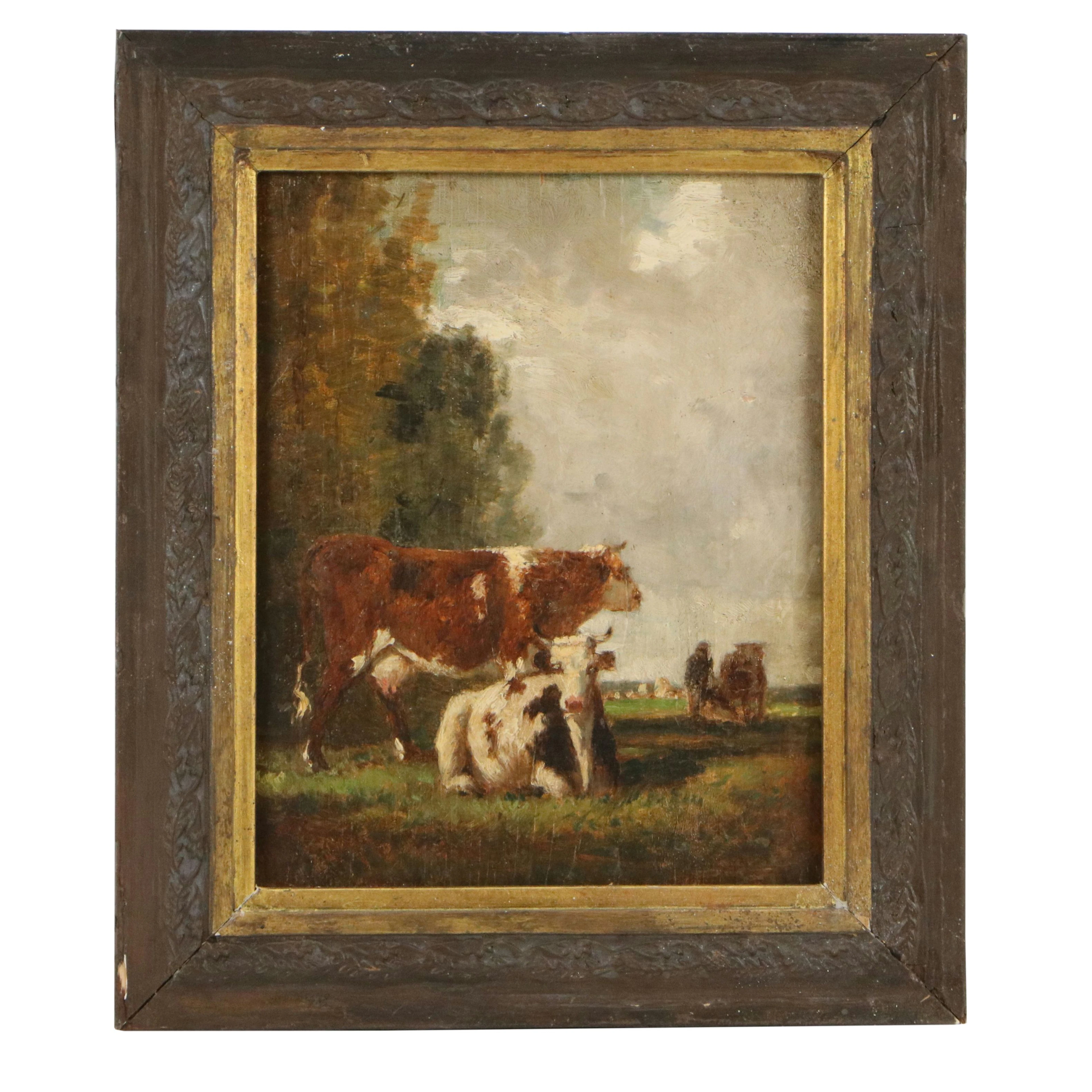 Barbizon Style Pastoral Oil Painting of Resting Cows, 19th Century