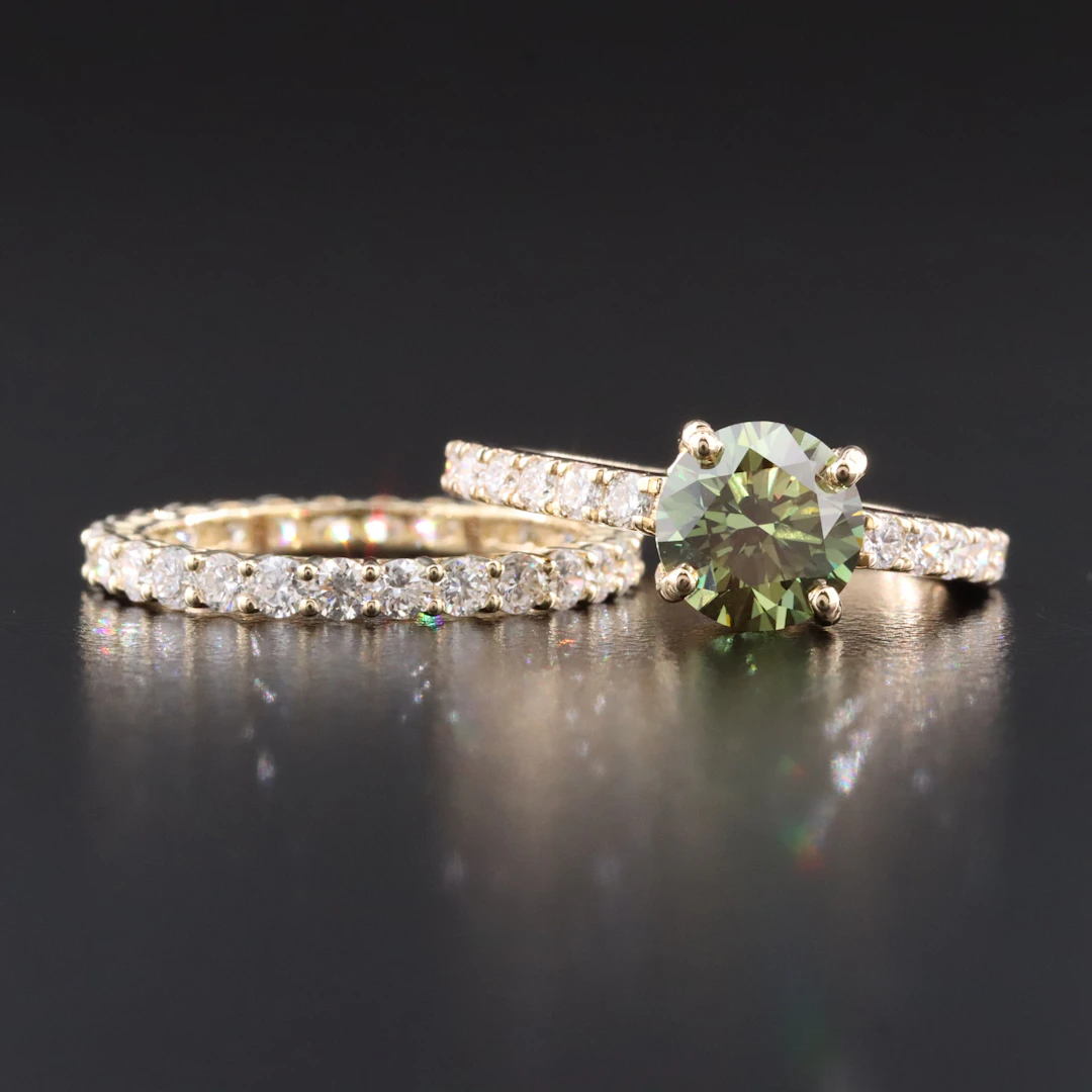 14K 3.08 CTW Lab Grown Diamond Ring with Fancy Green Center and Eternity Band