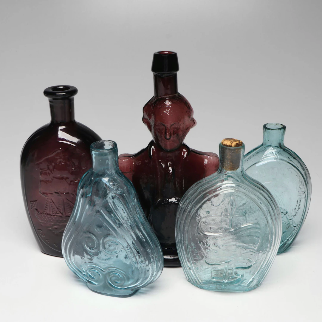 Amethyst Glass George Washington Bottle, Scroll Flask and More, Vintage