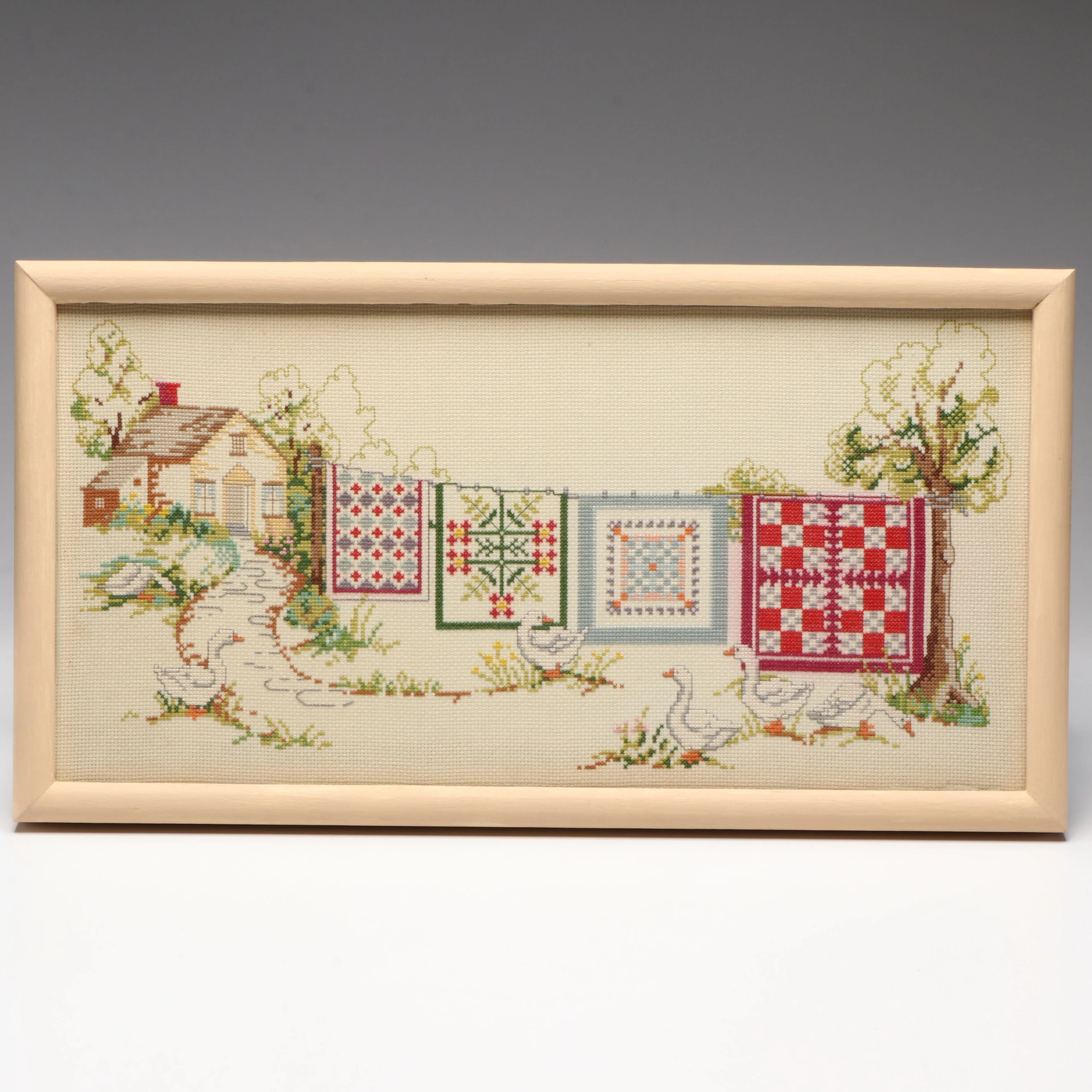 "Cottage Quilts" Handmade Cross-Stitch Panel