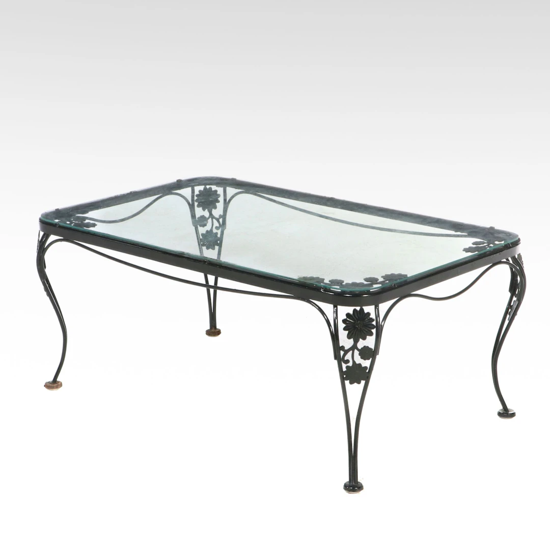 Salterini Style Black-Painted Wrought Metal Patio Coffee Table with Glass Top