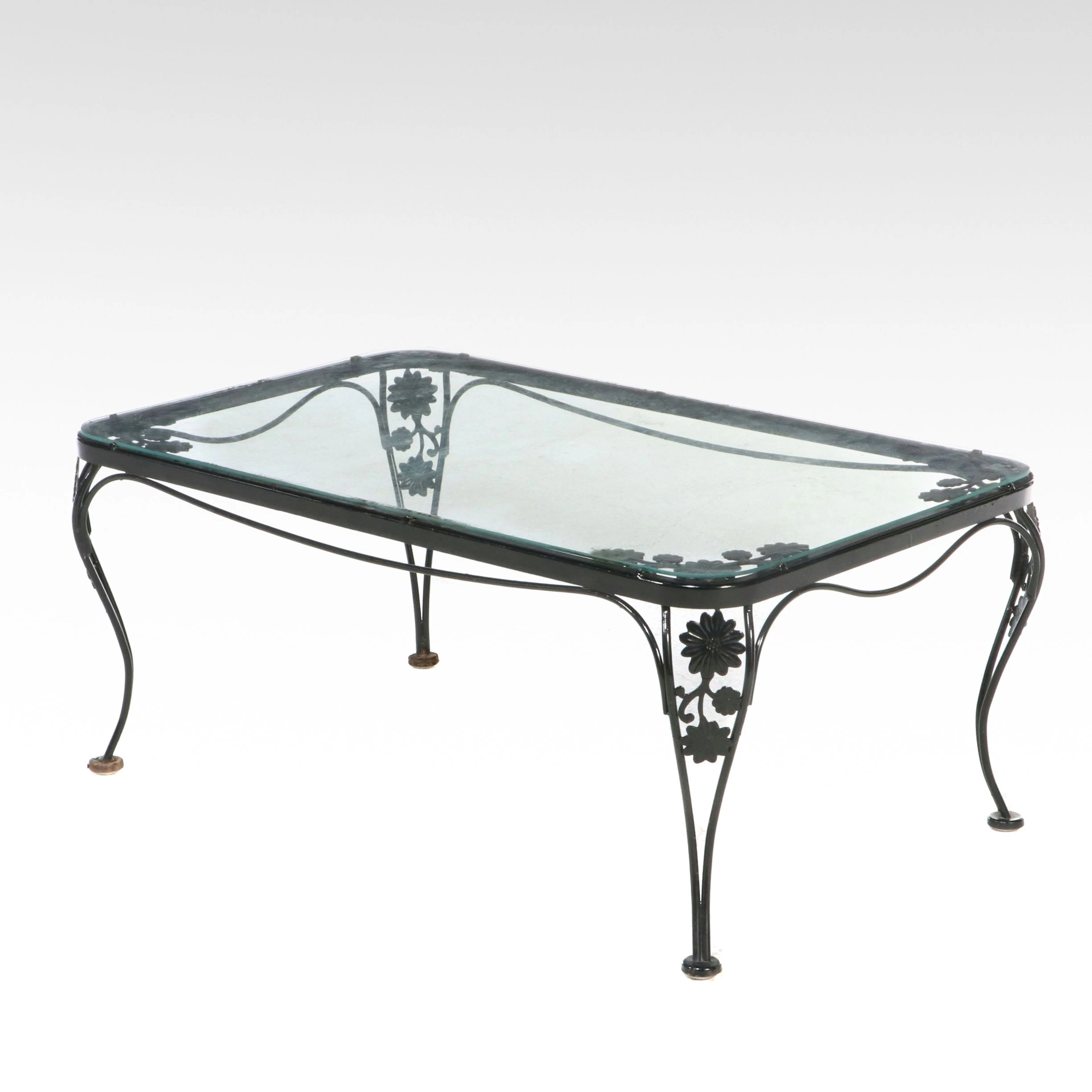 Salterini Style Black-Painted Wrought Metal Patio Coffee Table with Glass Top