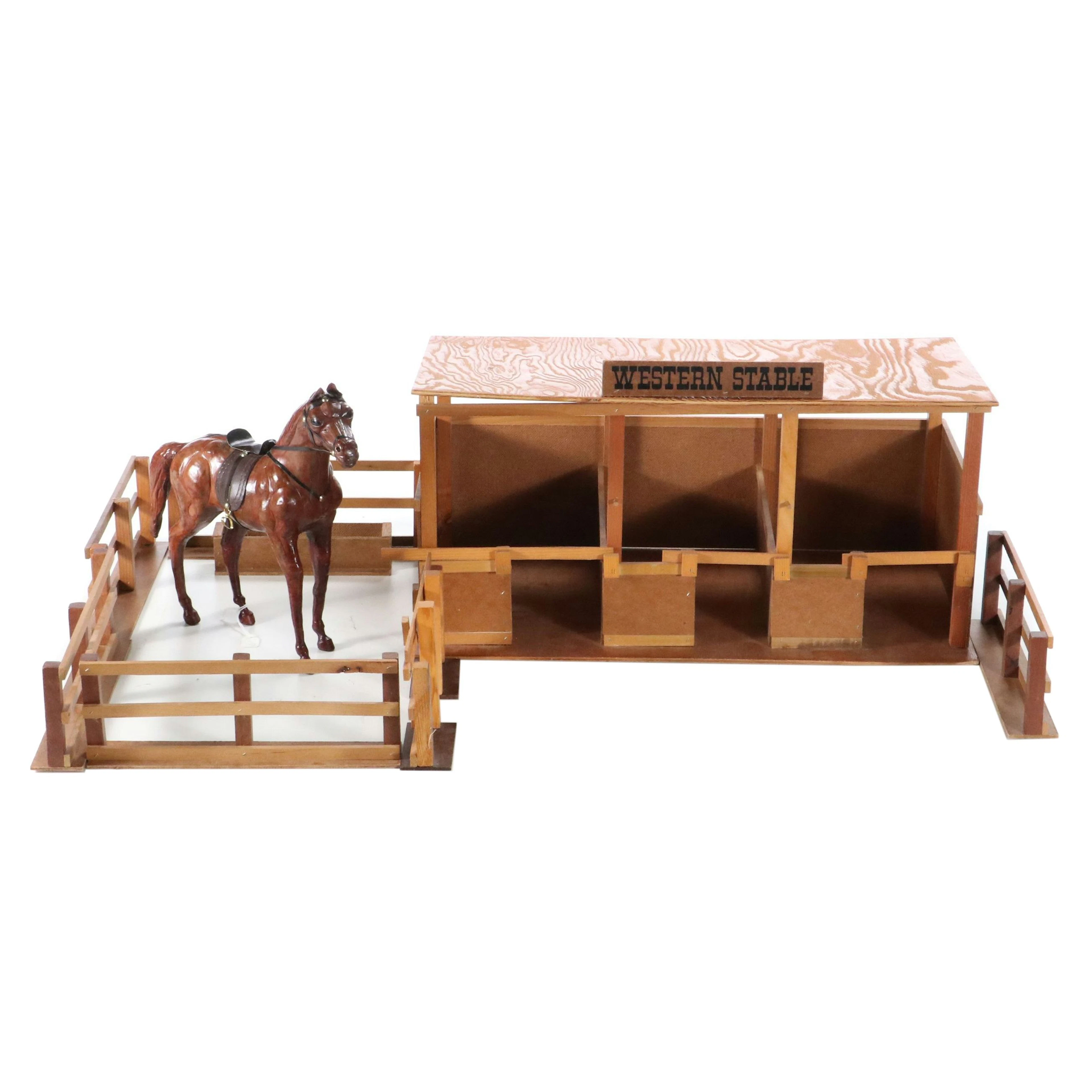 Handmade Wood Toy Stable and Leather Wrapped Horse