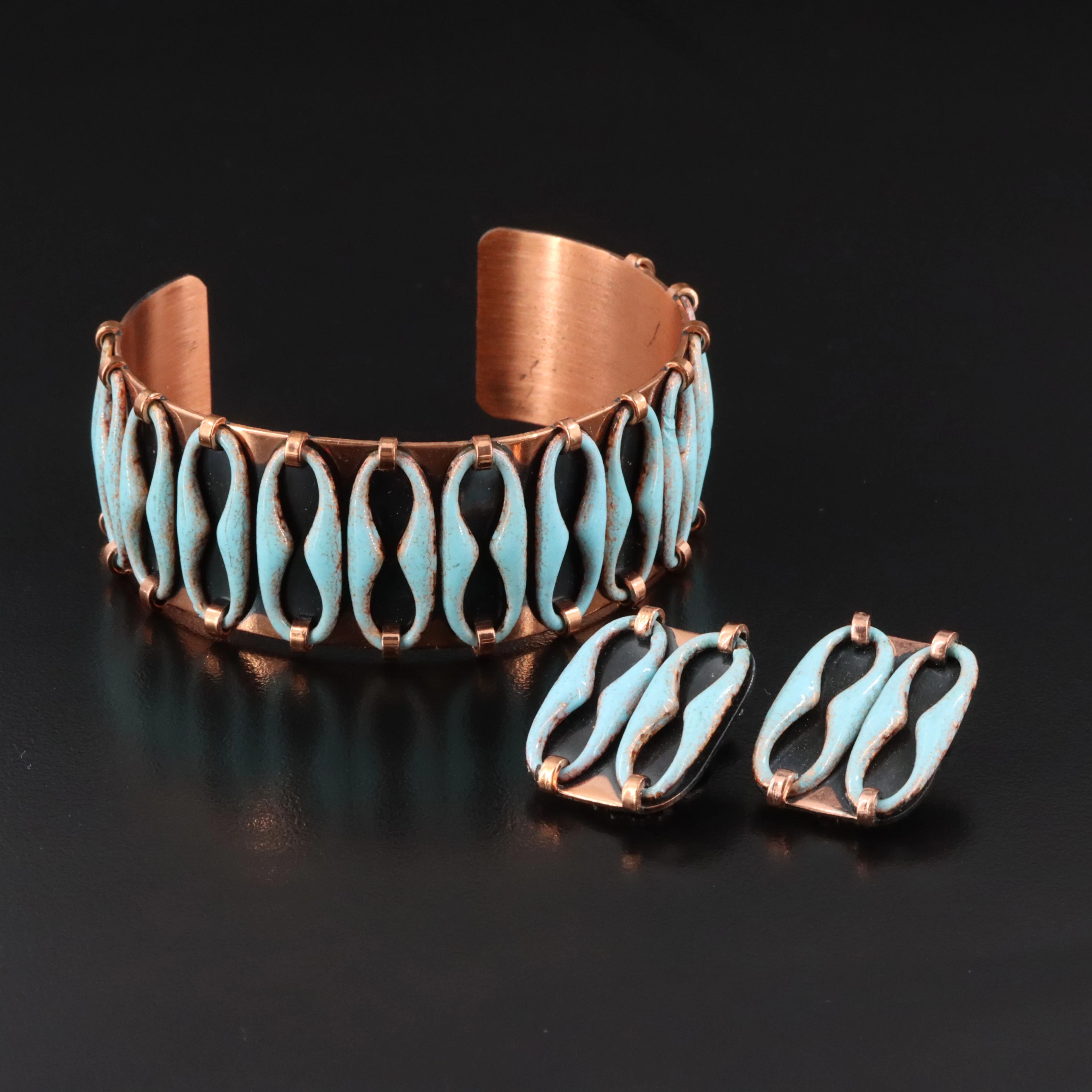 1950s Renoir Matisse Copper Enamel Bracelet & Earrings