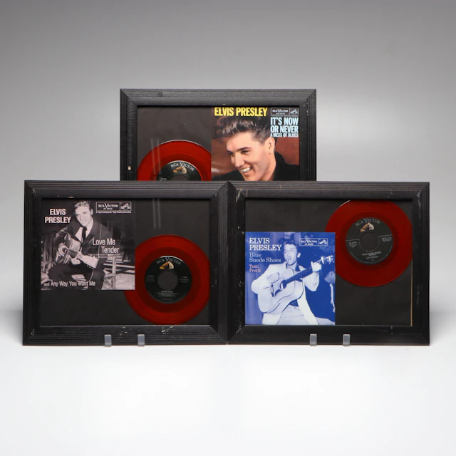 "Blue Suede Shoes," "Love Me Tender" and More Framed Elvis Records, Mid-20th C.