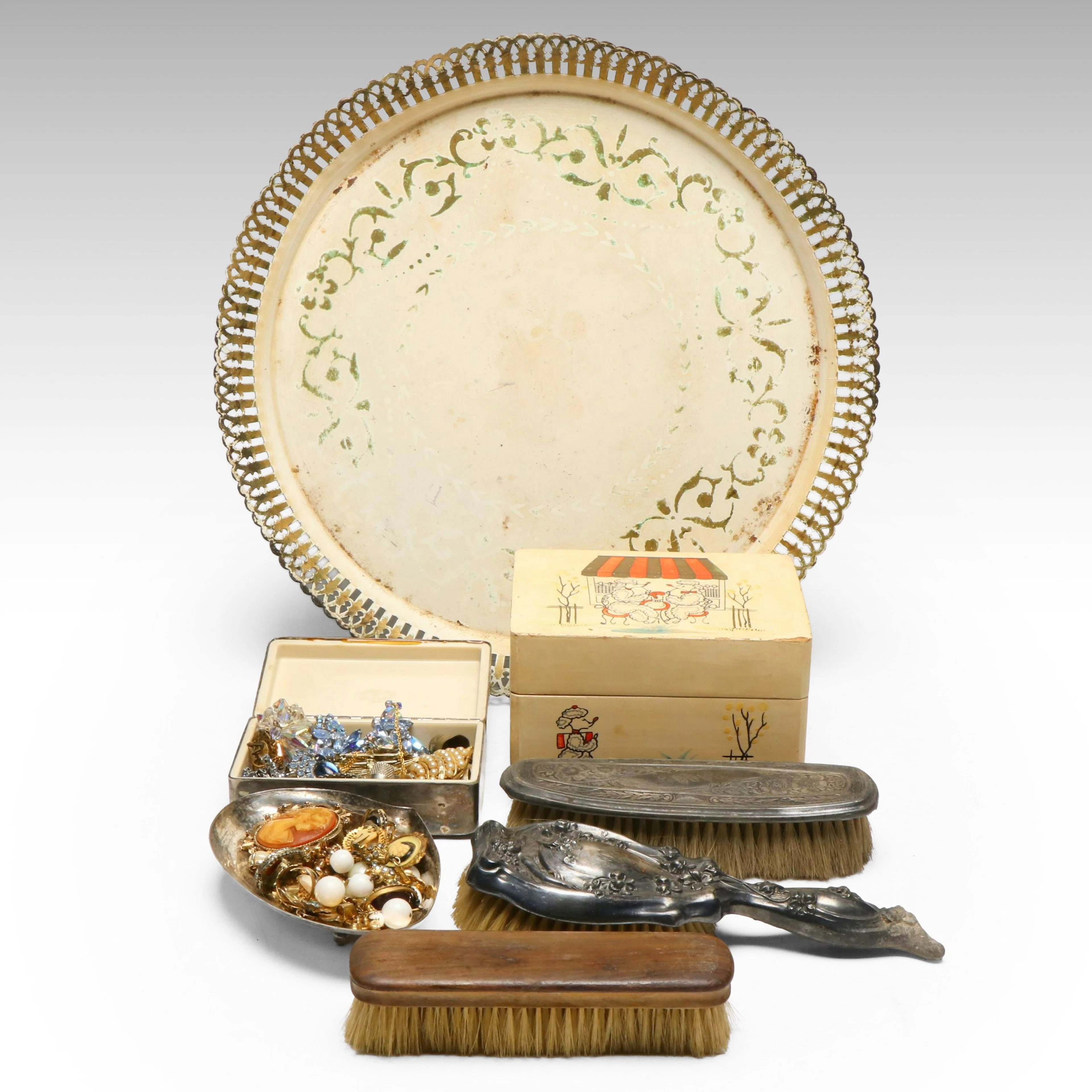 Victorian Silver Plate Brushes with Vanity Tray, Music Box and More