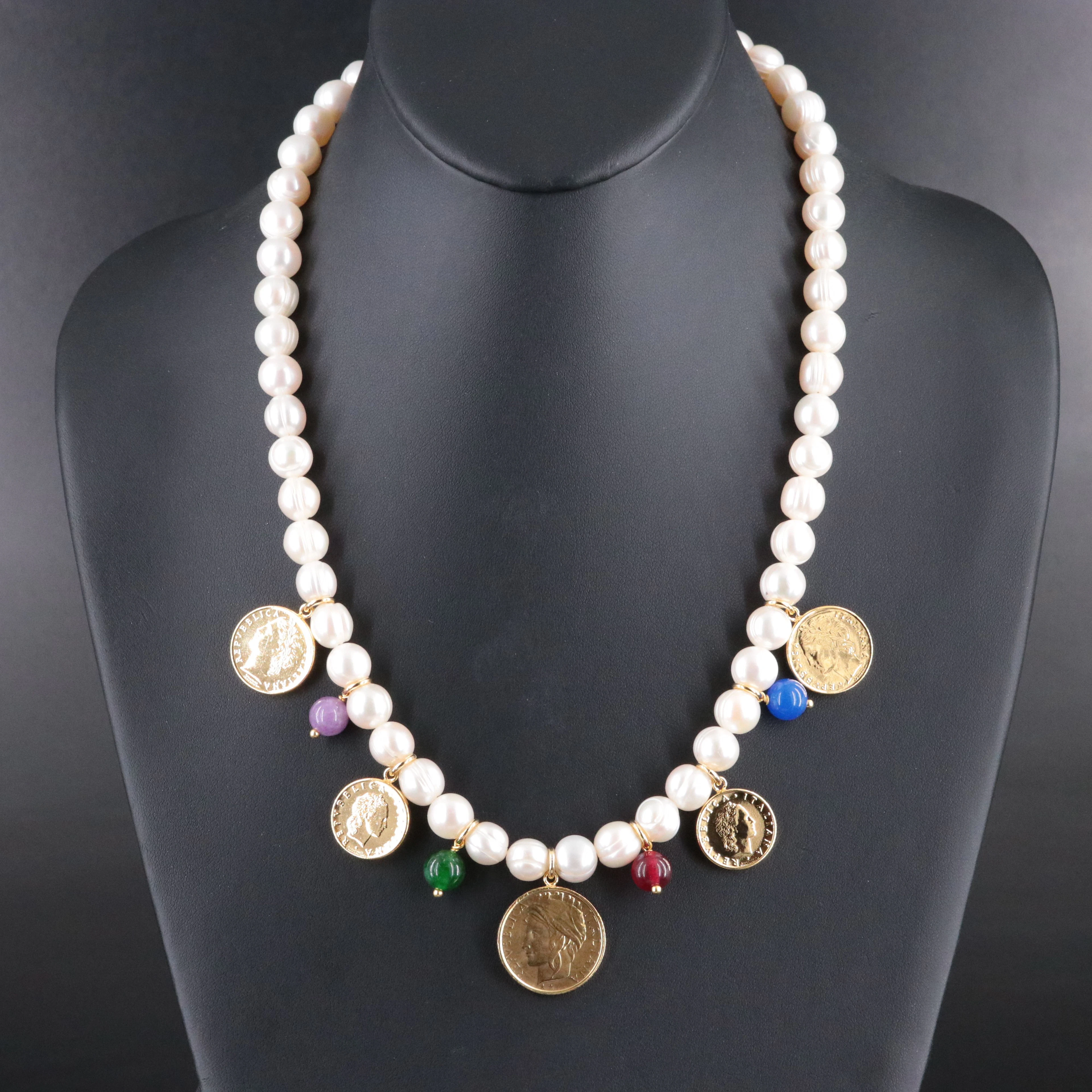 Pearl Replica Coin Necklace with Quartz Beads