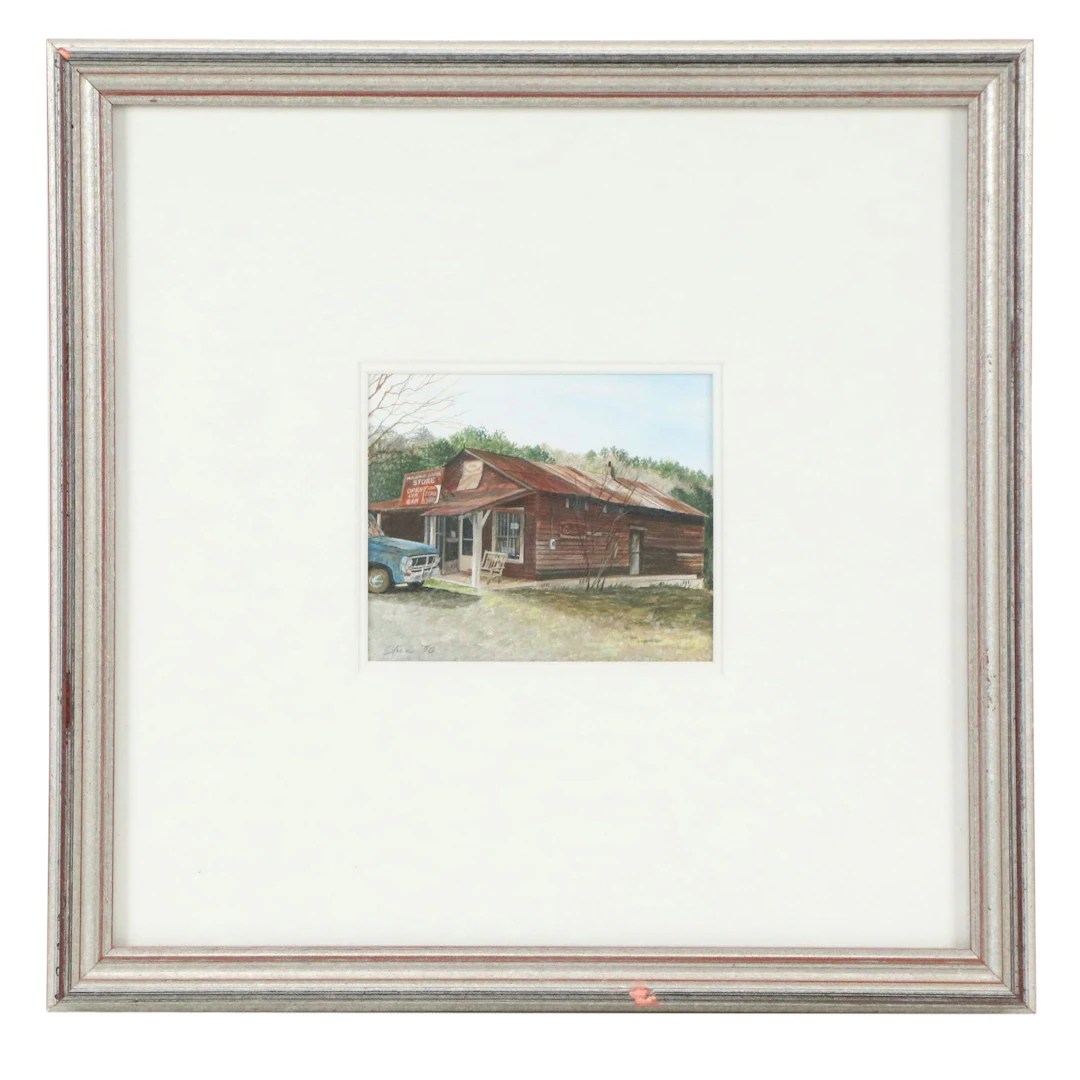 Rural Landscape Gouache Painting of Mountain Brook Store, 1990