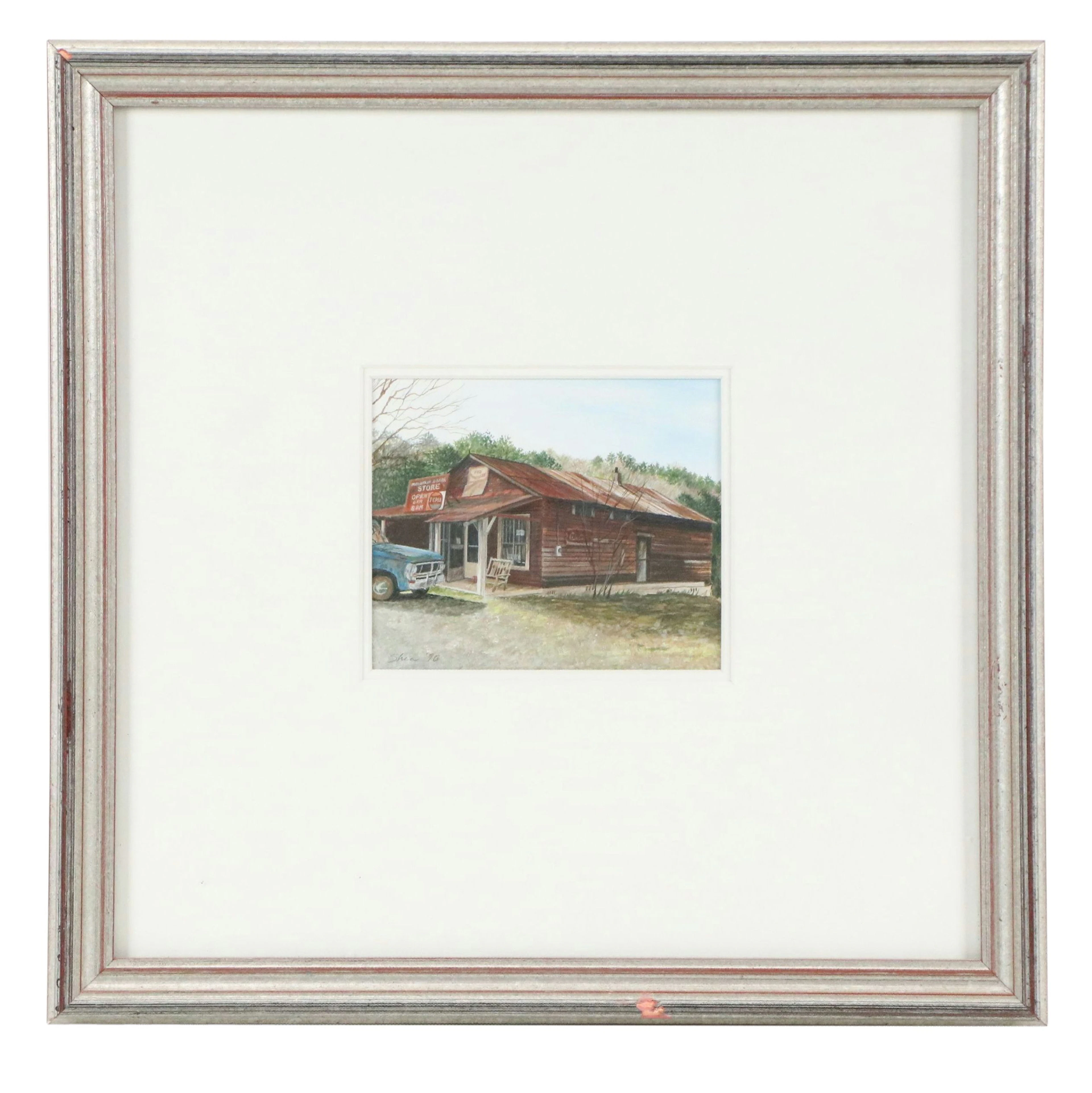Rural Landscape Gouache Painting of Mountain Brook Store, 1990