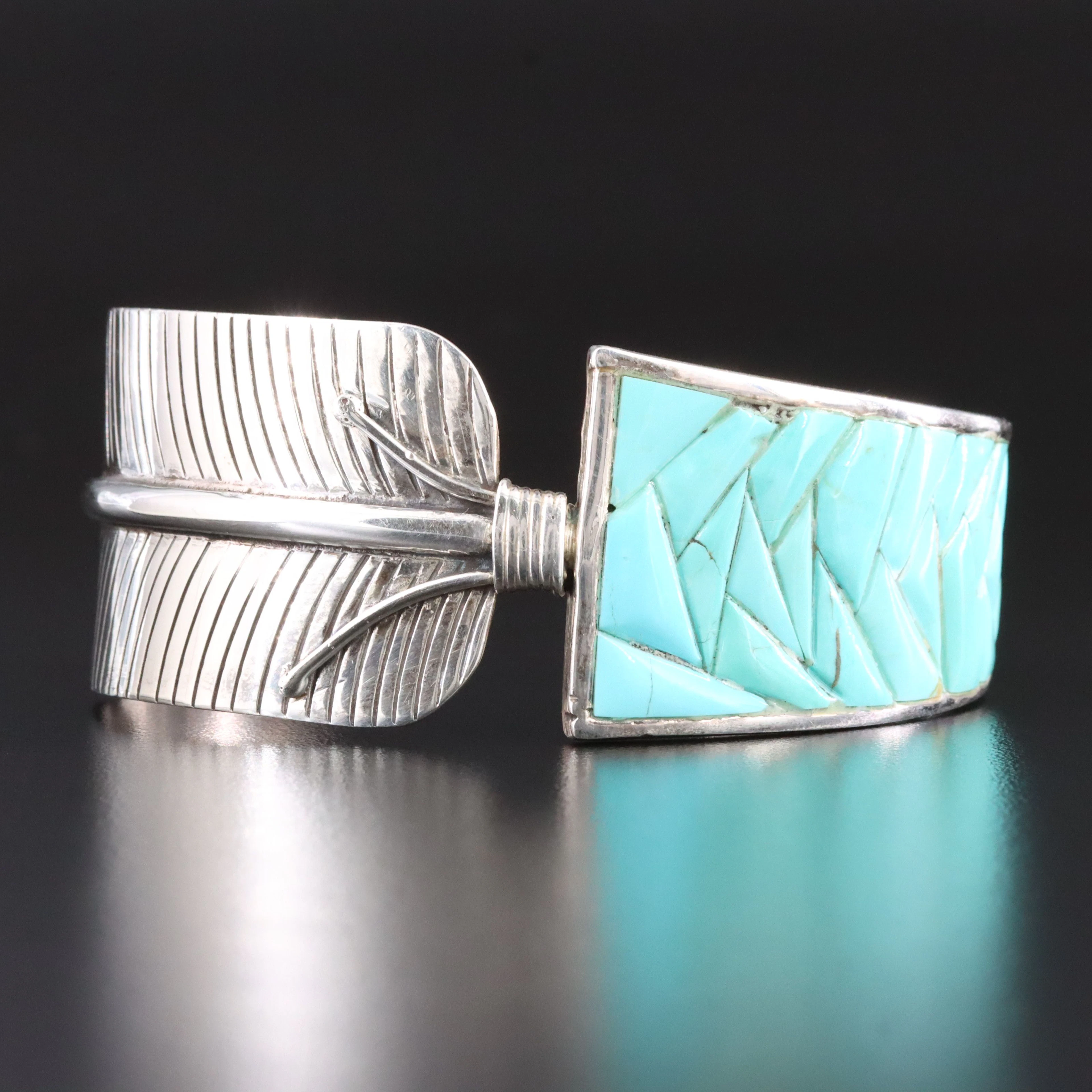 Southwestern Sterling Turquoise Feather and Cobblestone Inlay Cuff