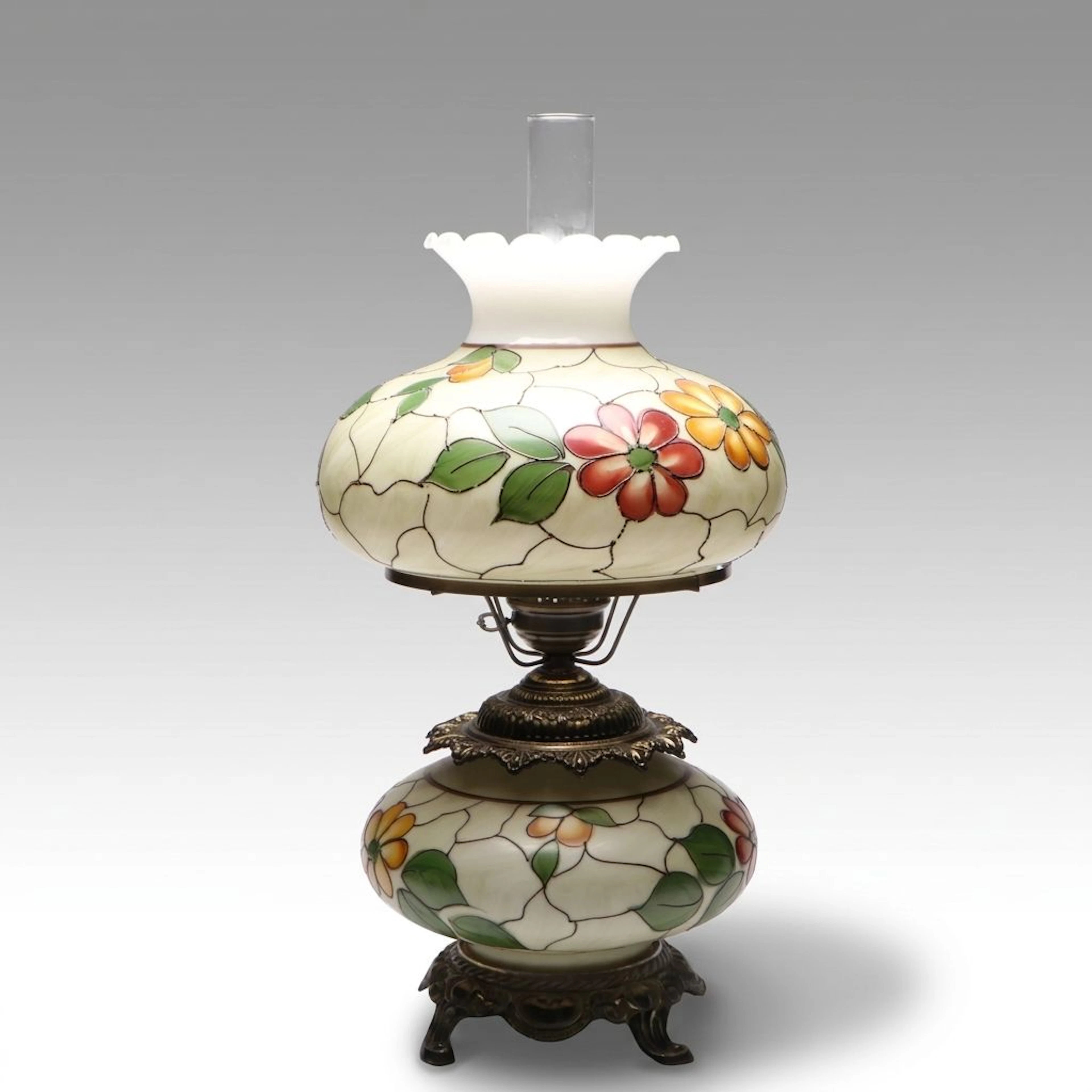 Victorian Style Hand-Painted Floral Parlor Lamp, Late 20th Century