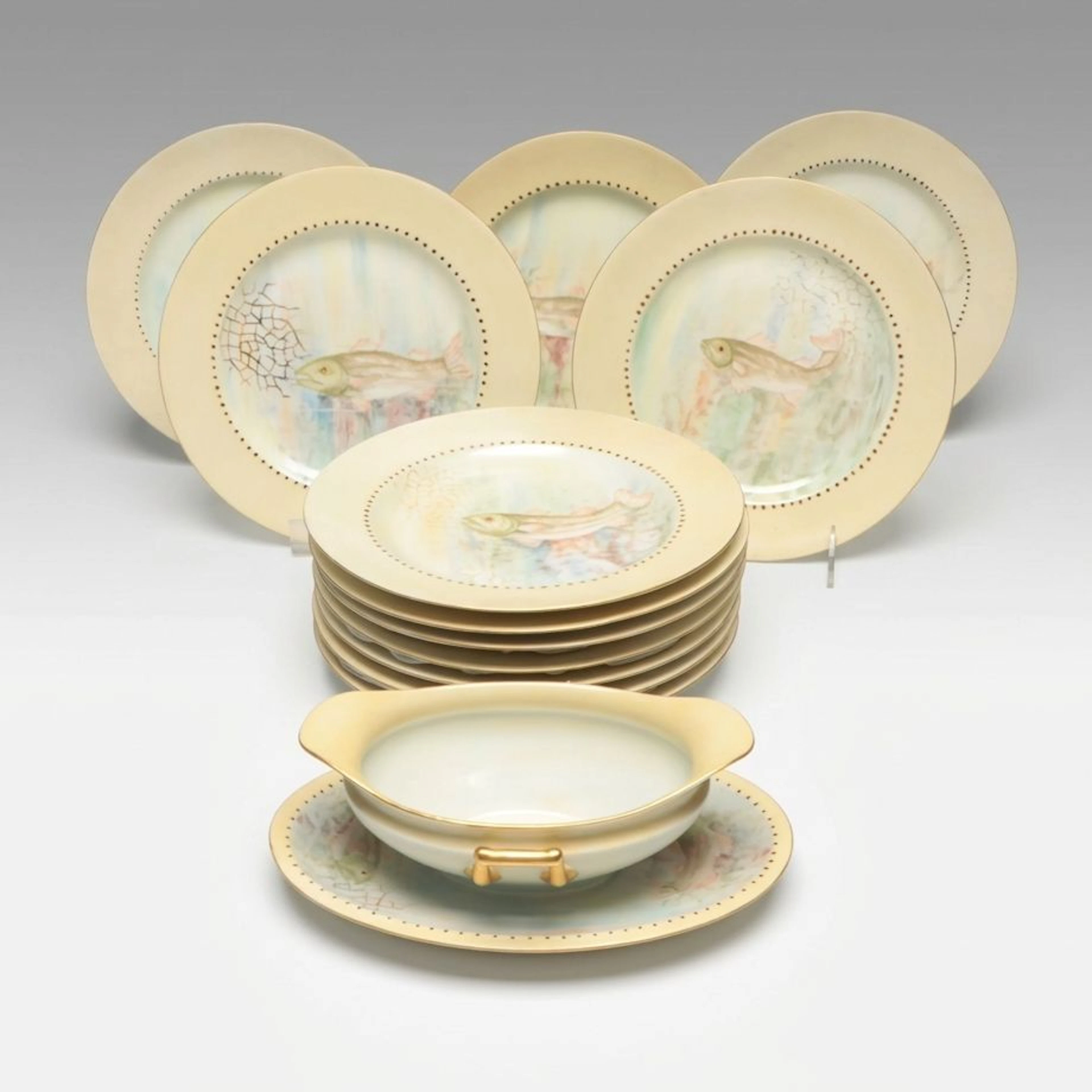 Theodore Haviland French Hand-Painted Porcelain Fish Plates and Gravy Boat