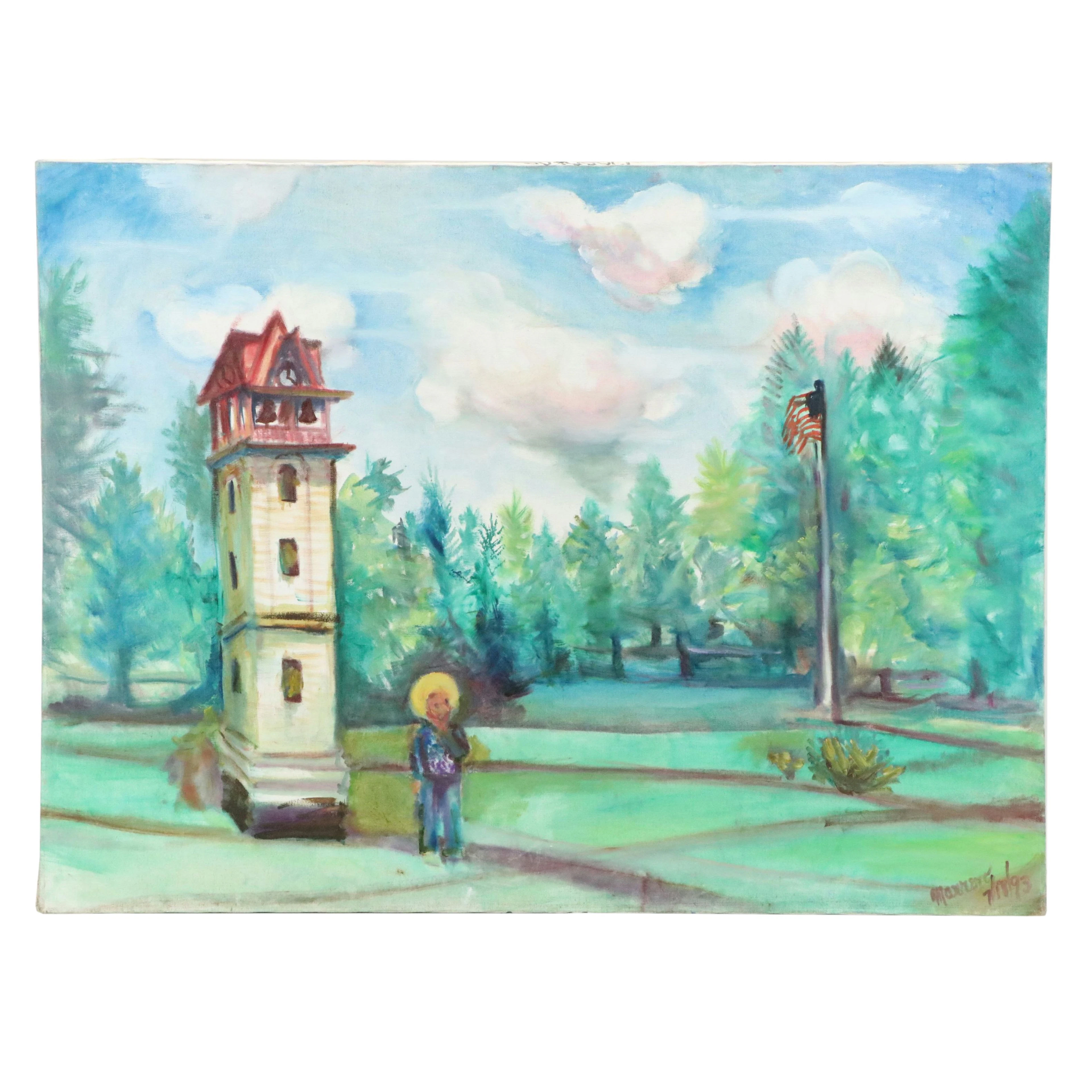 Edith Susarret Marrero Oil Painting of Man Outdoors with Bell Tower and Flag