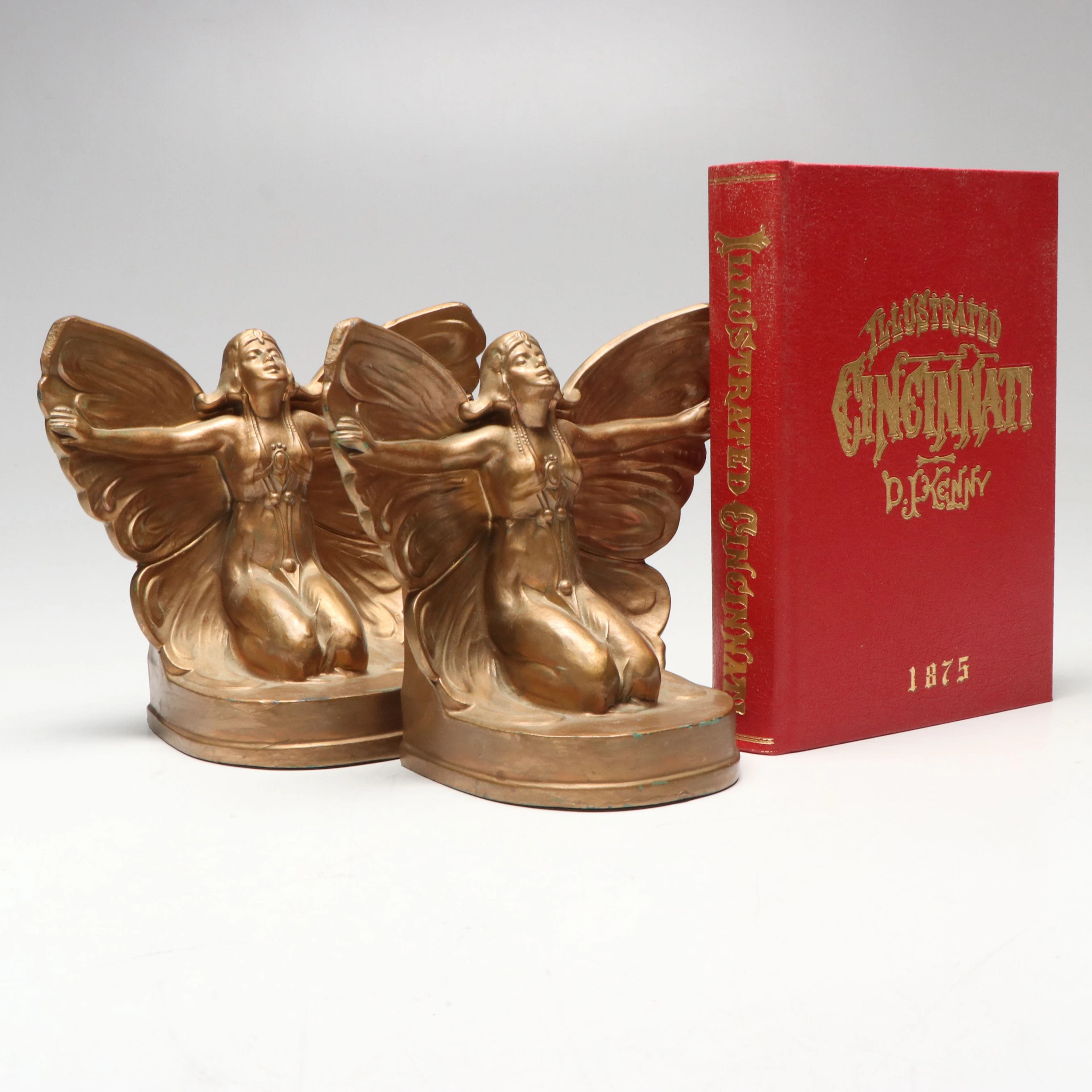Art Nouveau Style Figural Cast Spelter Bookends with "Illustrated Cincinnati"