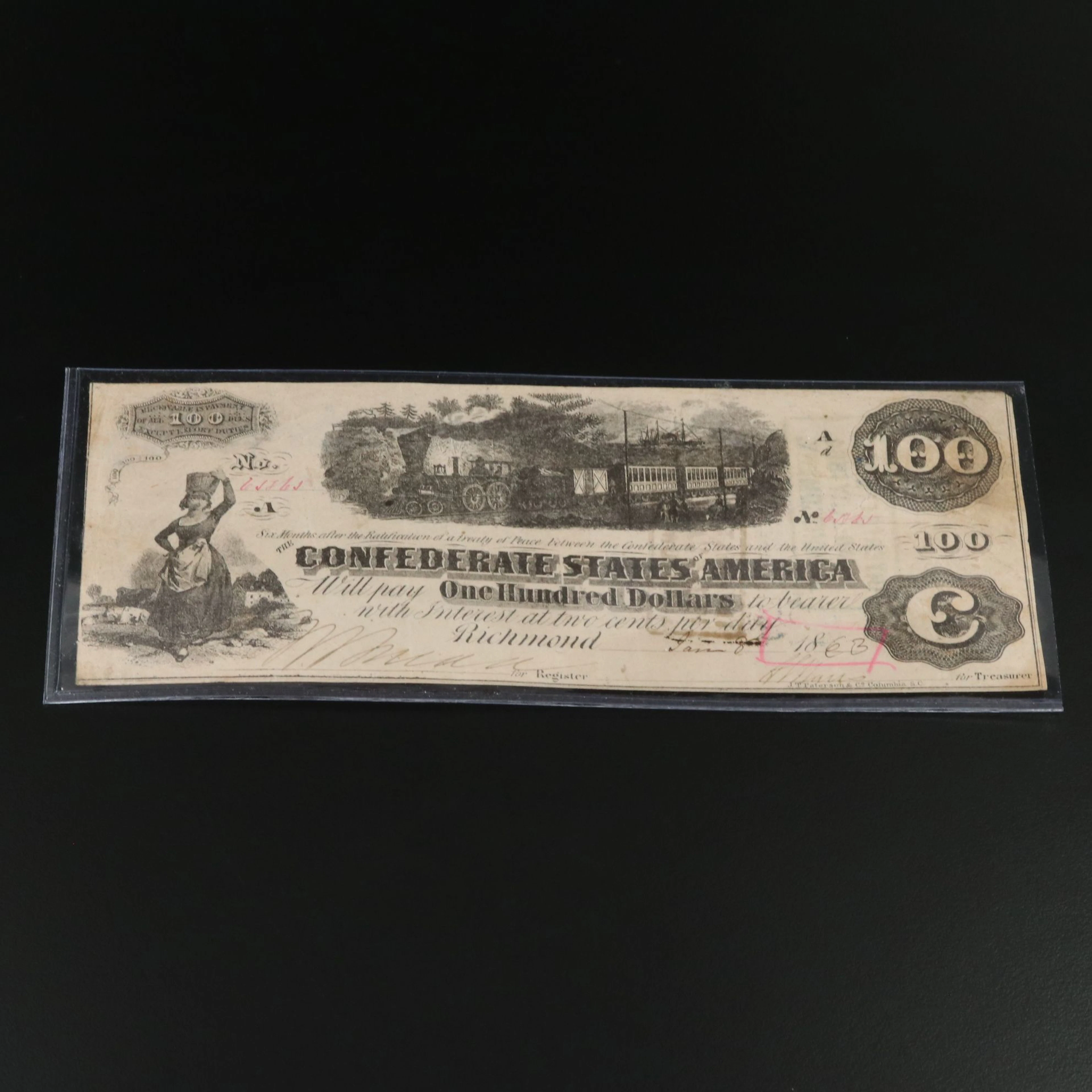 1863 $100 Confederate States of America Obsolete Currency Note