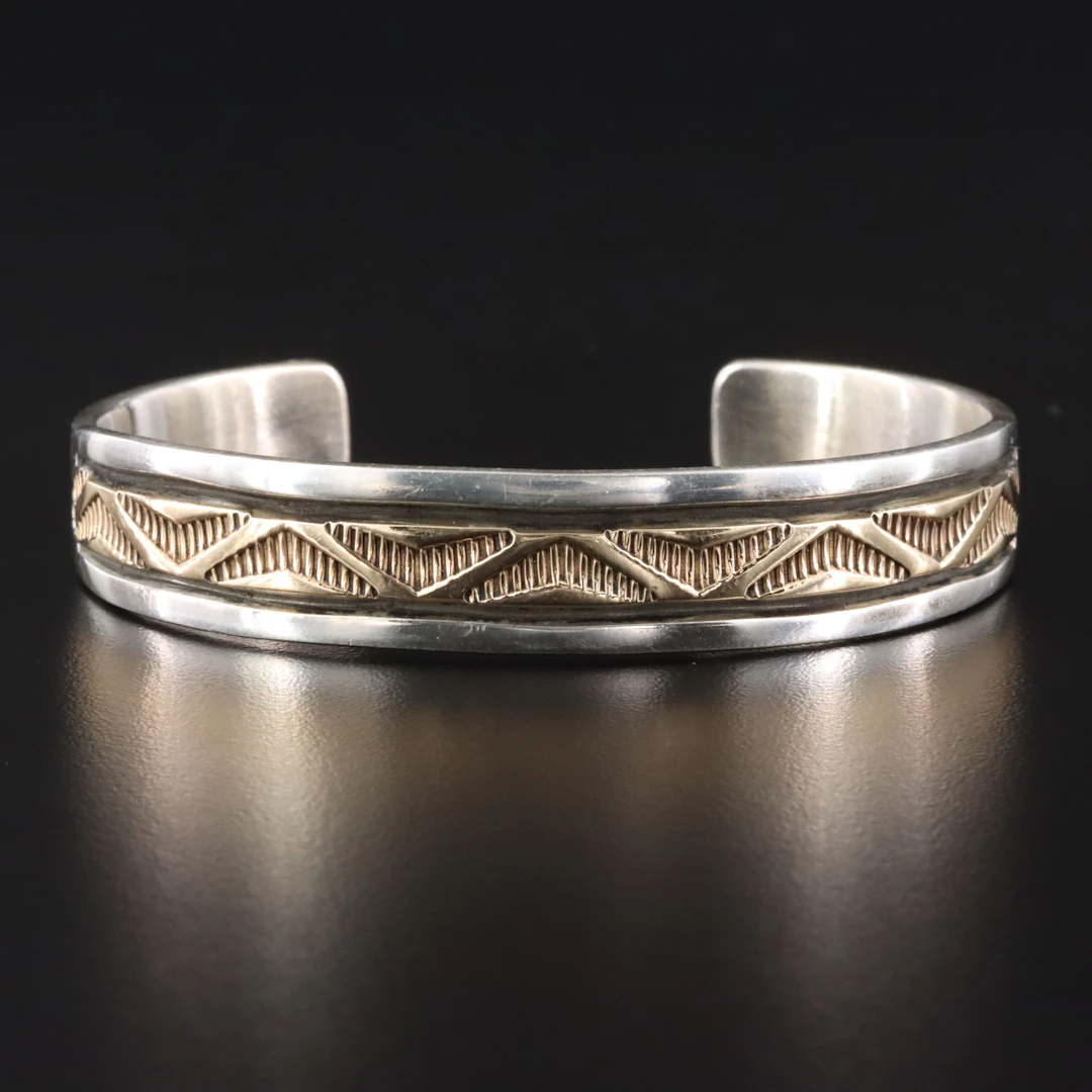 Bruce Morgan Navajo Diné Sterling Stampwork Bracelet with 14K Accent