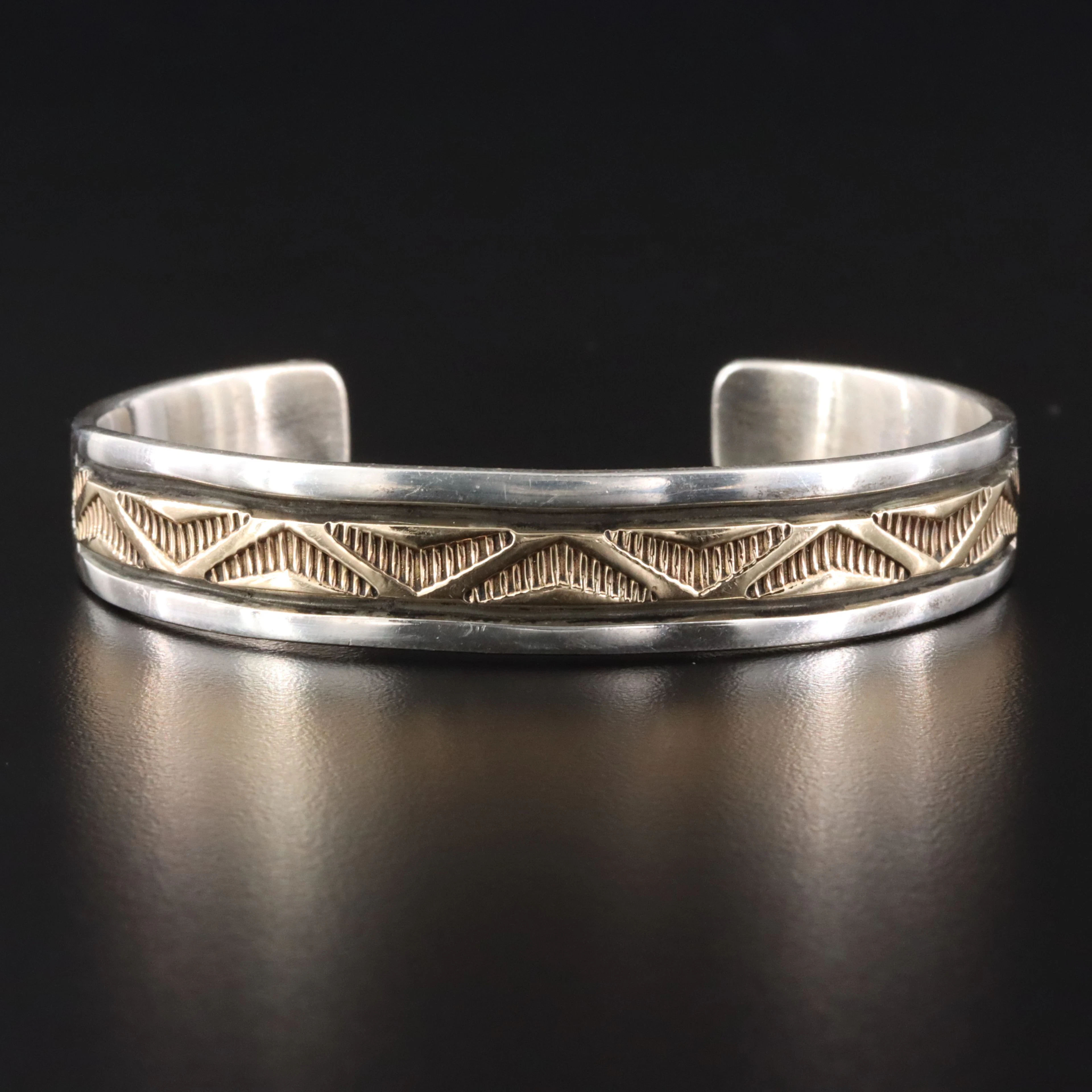 Bruce Morgan Navajo Diné Sterling Stampwork Bracelet with 14K Accent