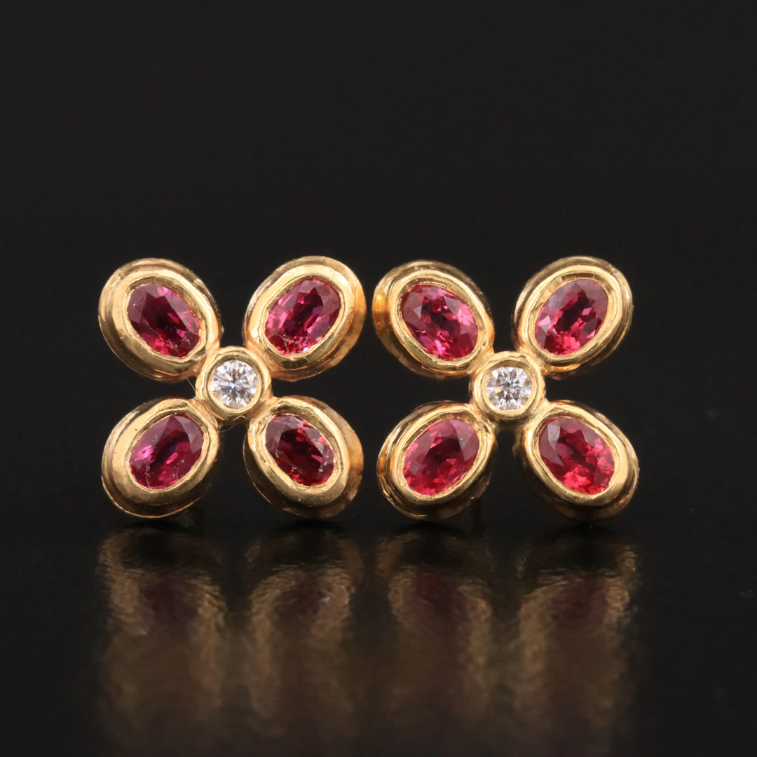 18K Ruby and Diamond Floral Stud Earrings
