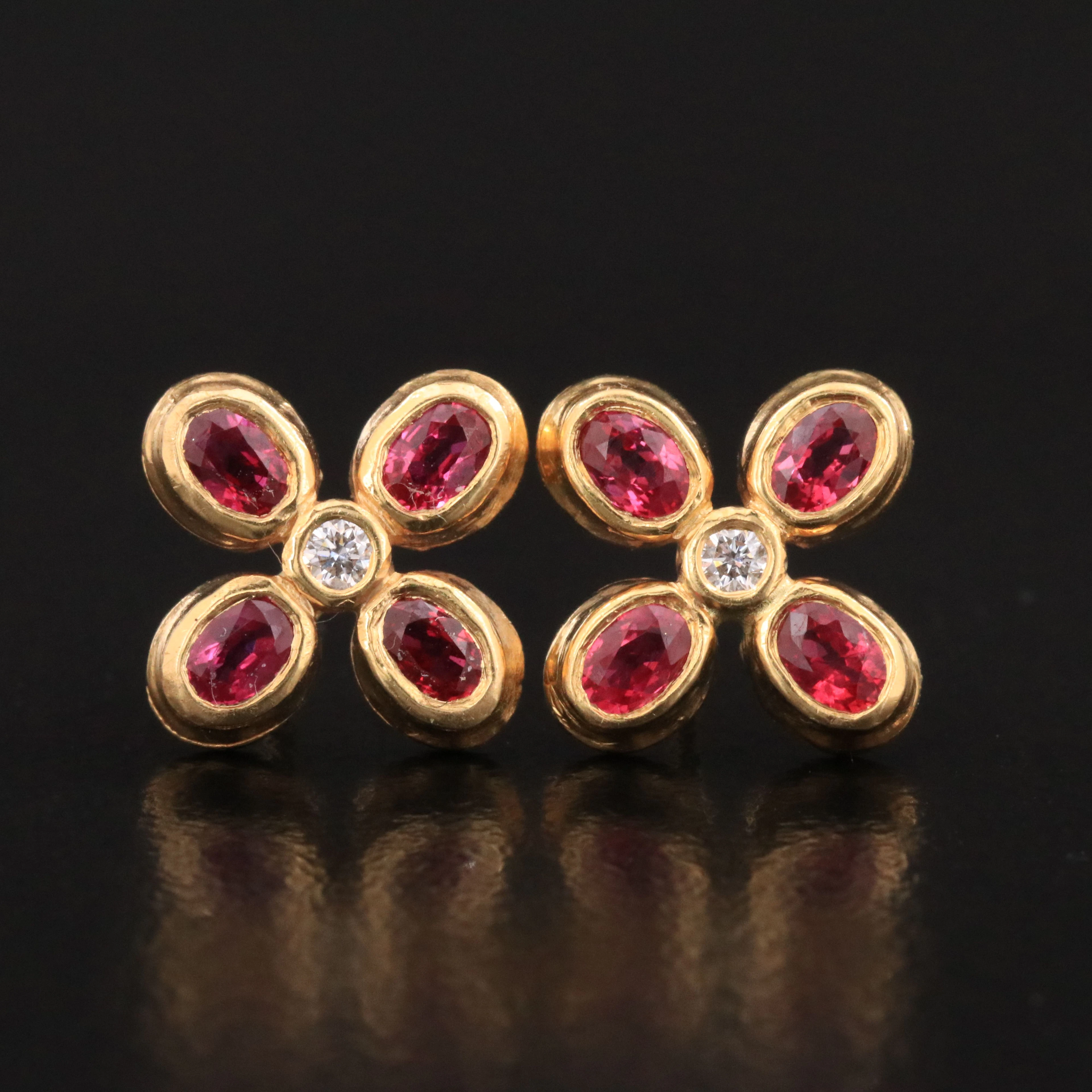 18K Ruby and Diamond Floral Stud Earrings