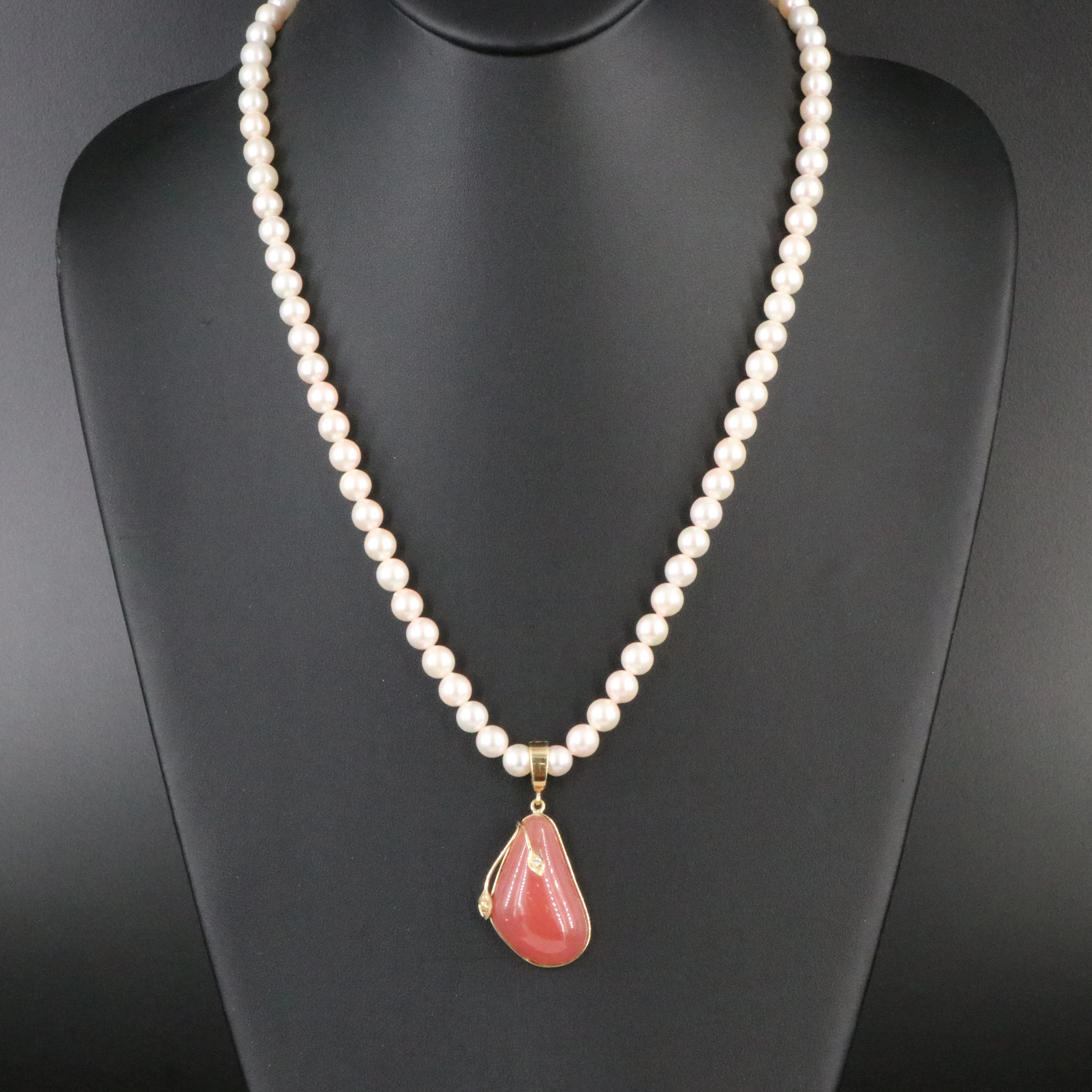 Pearl Necklace with 14K Clasp and 18K Rhodochrosite and Diamond Enhancer