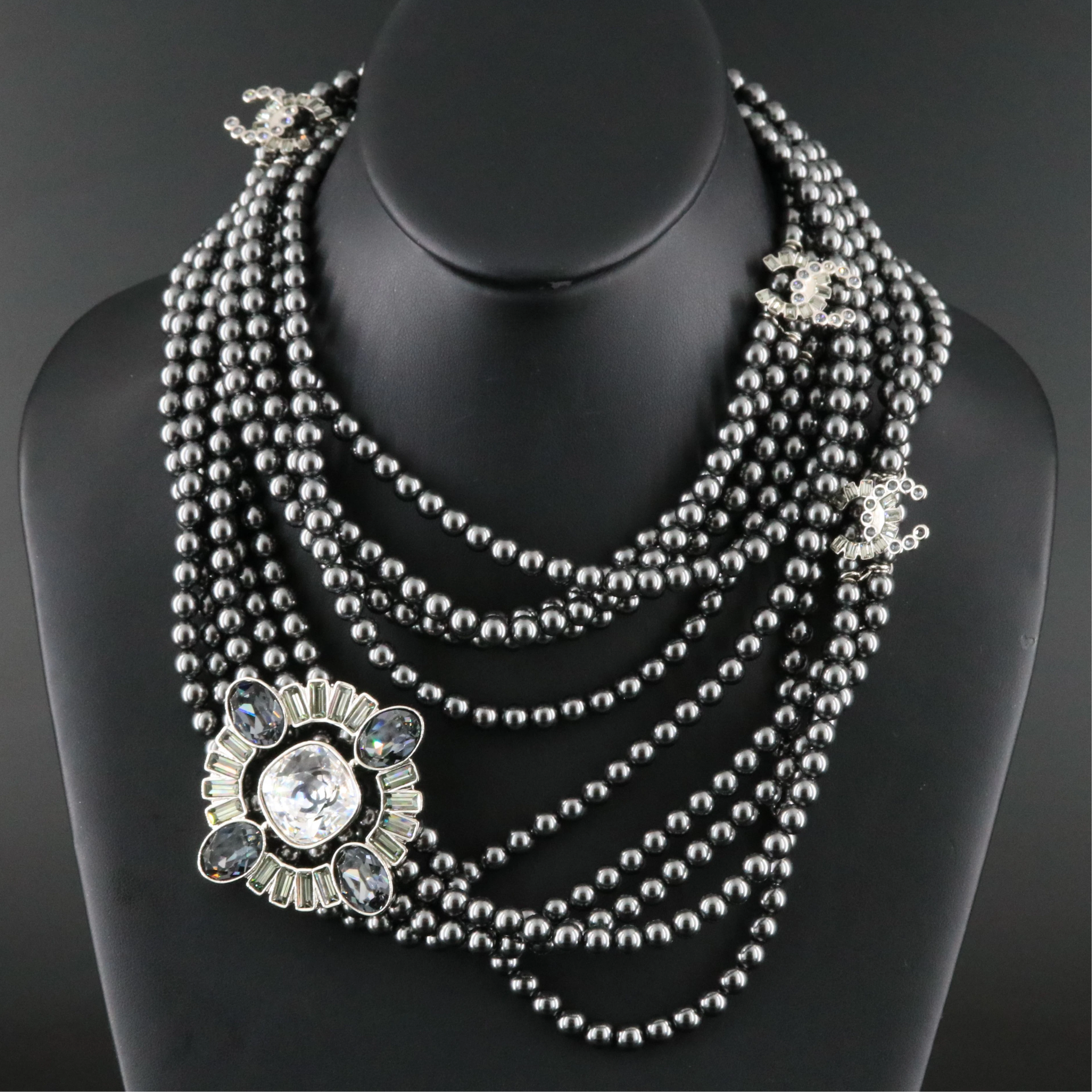 Chanel CC Crystal Station Dark Faux Pearl Five Strand Necklace 2017