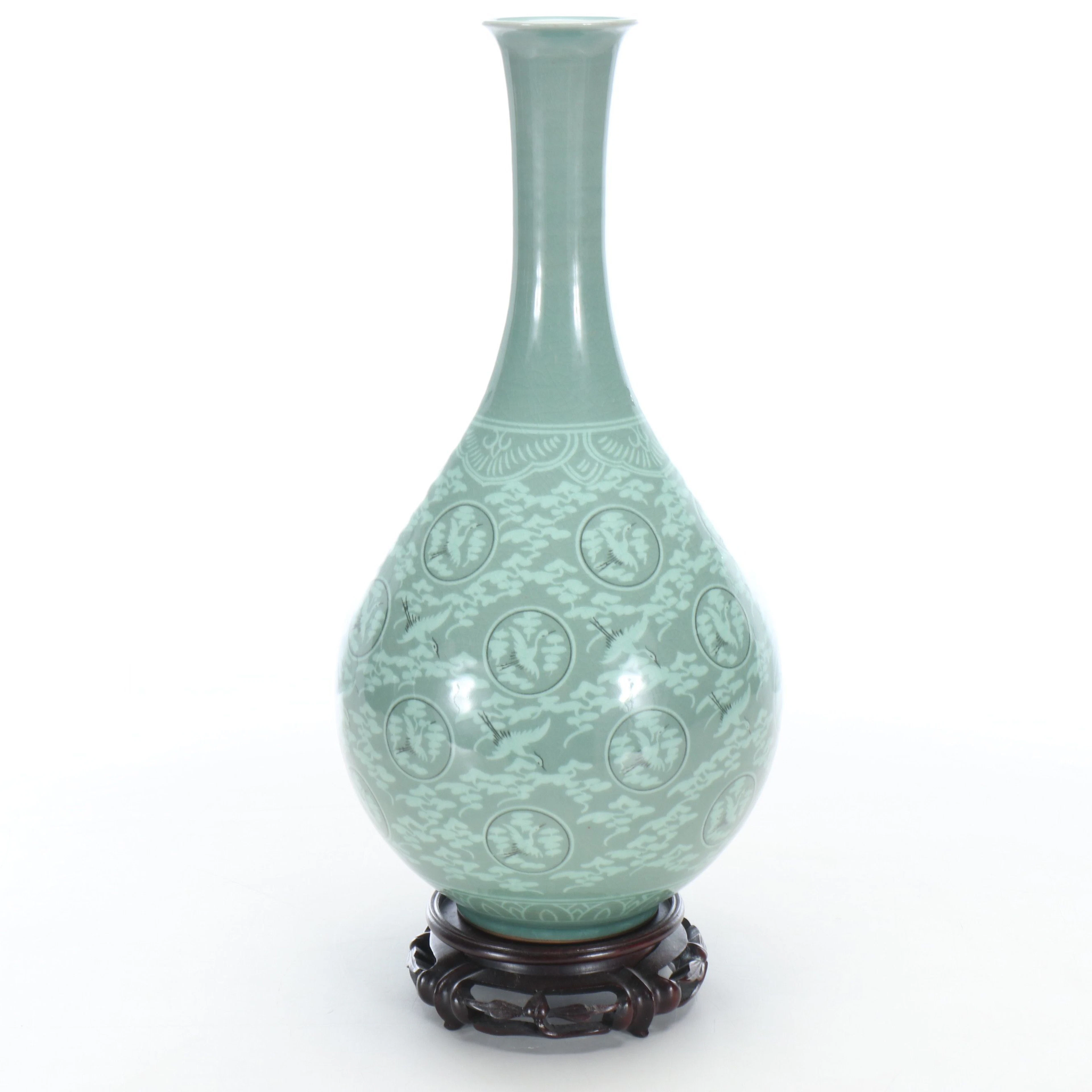 Korean Celadon Crane and Cloud Porcelain Vase, Mid to Late 20th Century