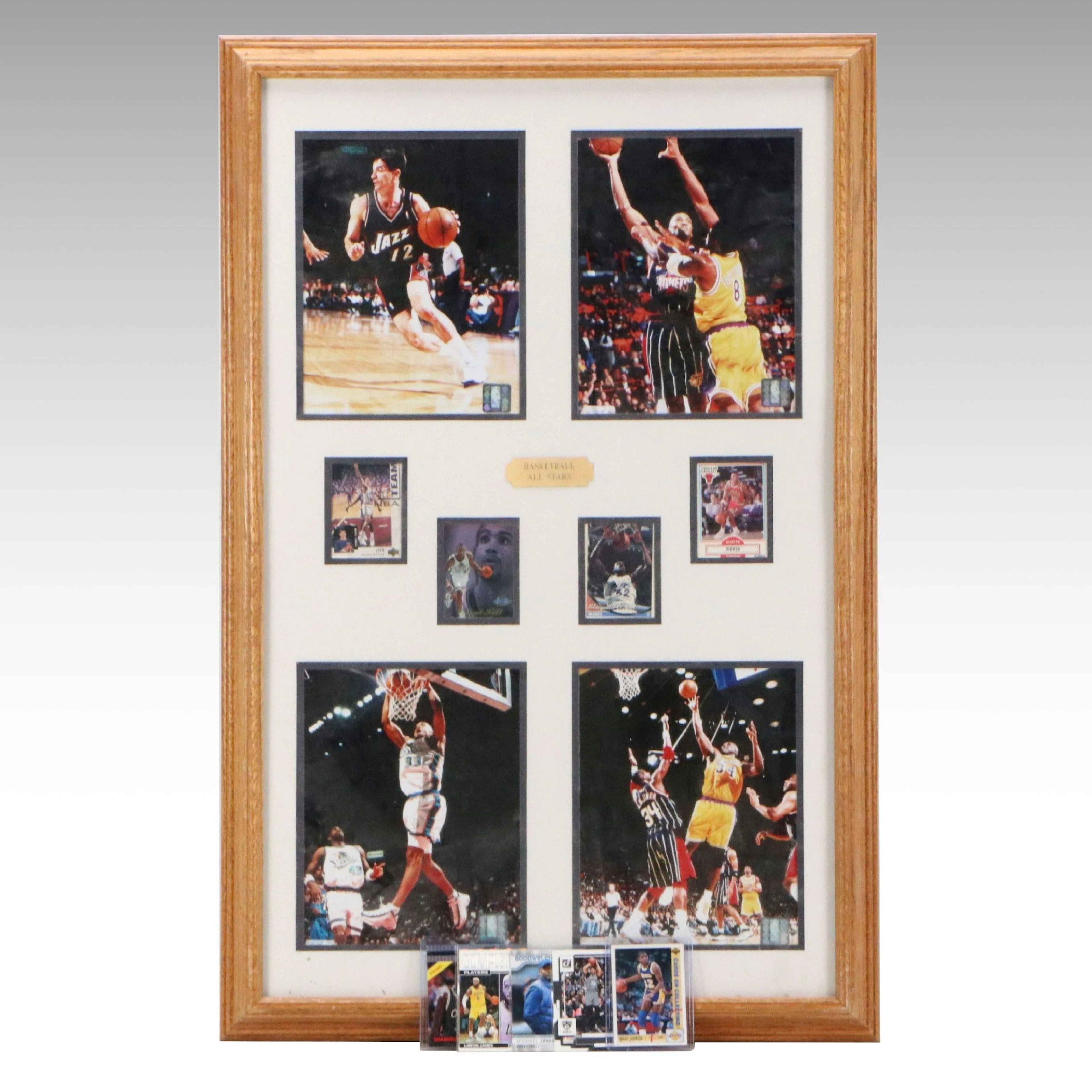 Large Framed Set of Photo Prints and Basketball Cards of Stars and More