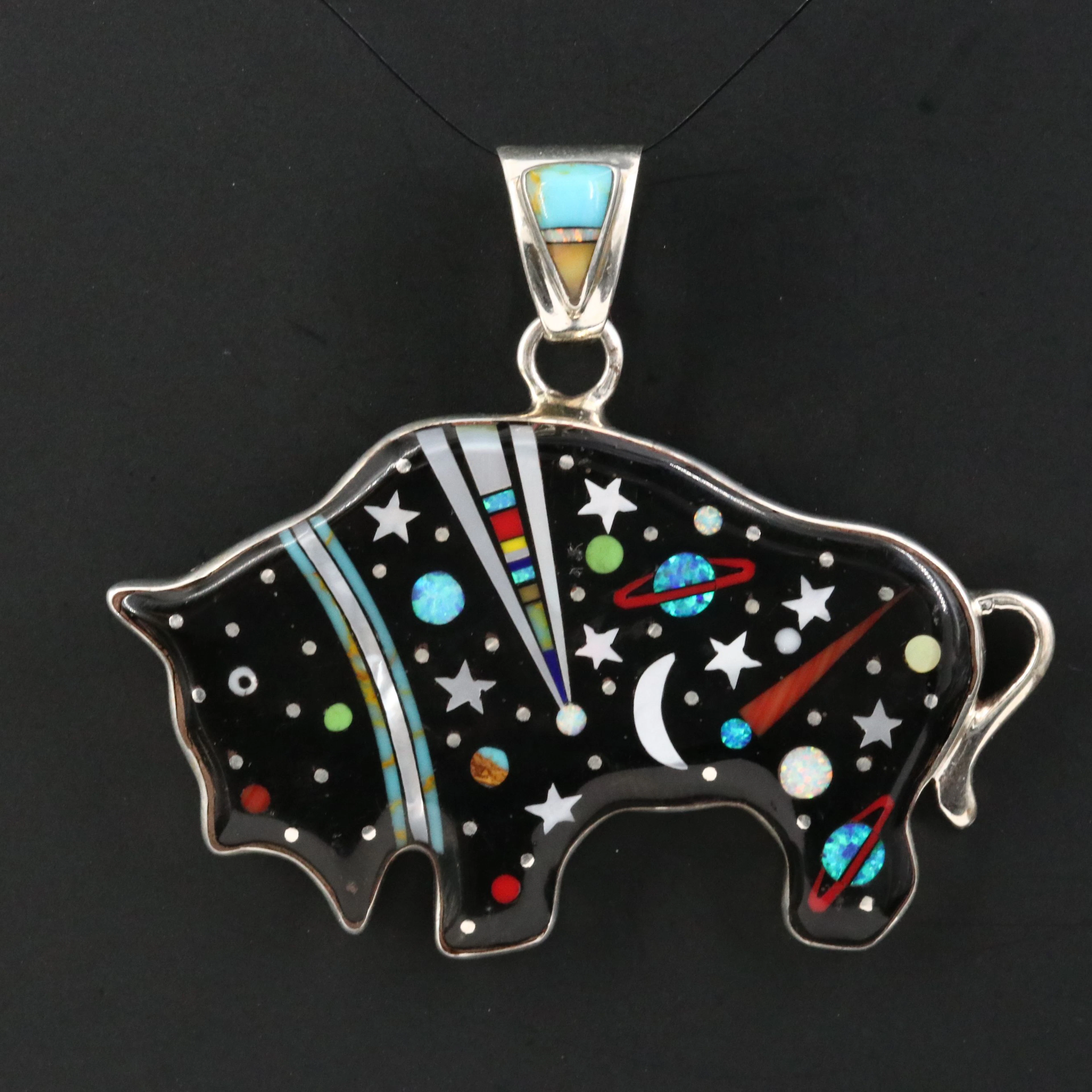 Western Style Sterling Inlay Space Buffalo Pendant
