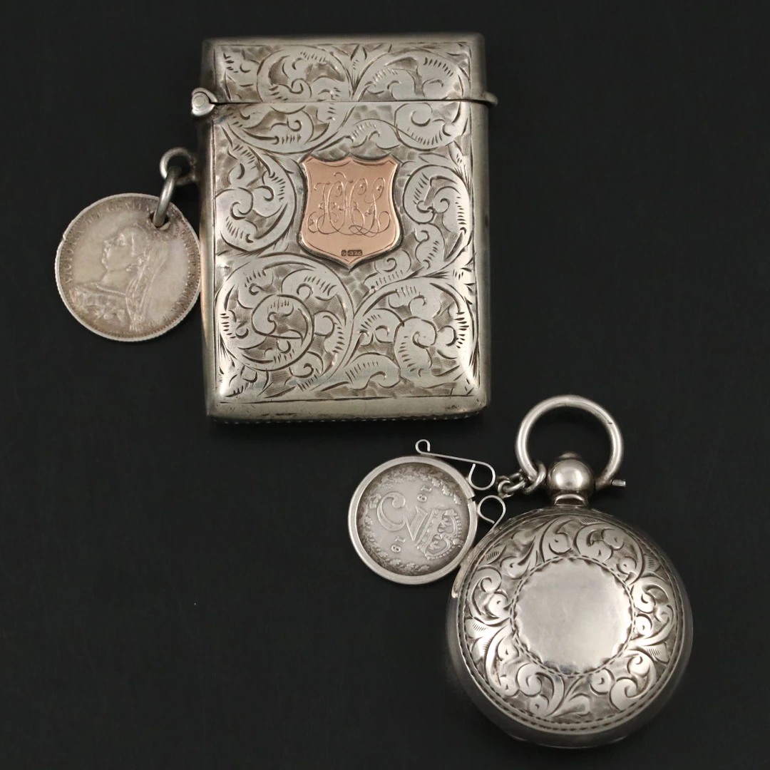 English Birmingham Sterling Silver Vesta and Coin Holder with Sterling Coins