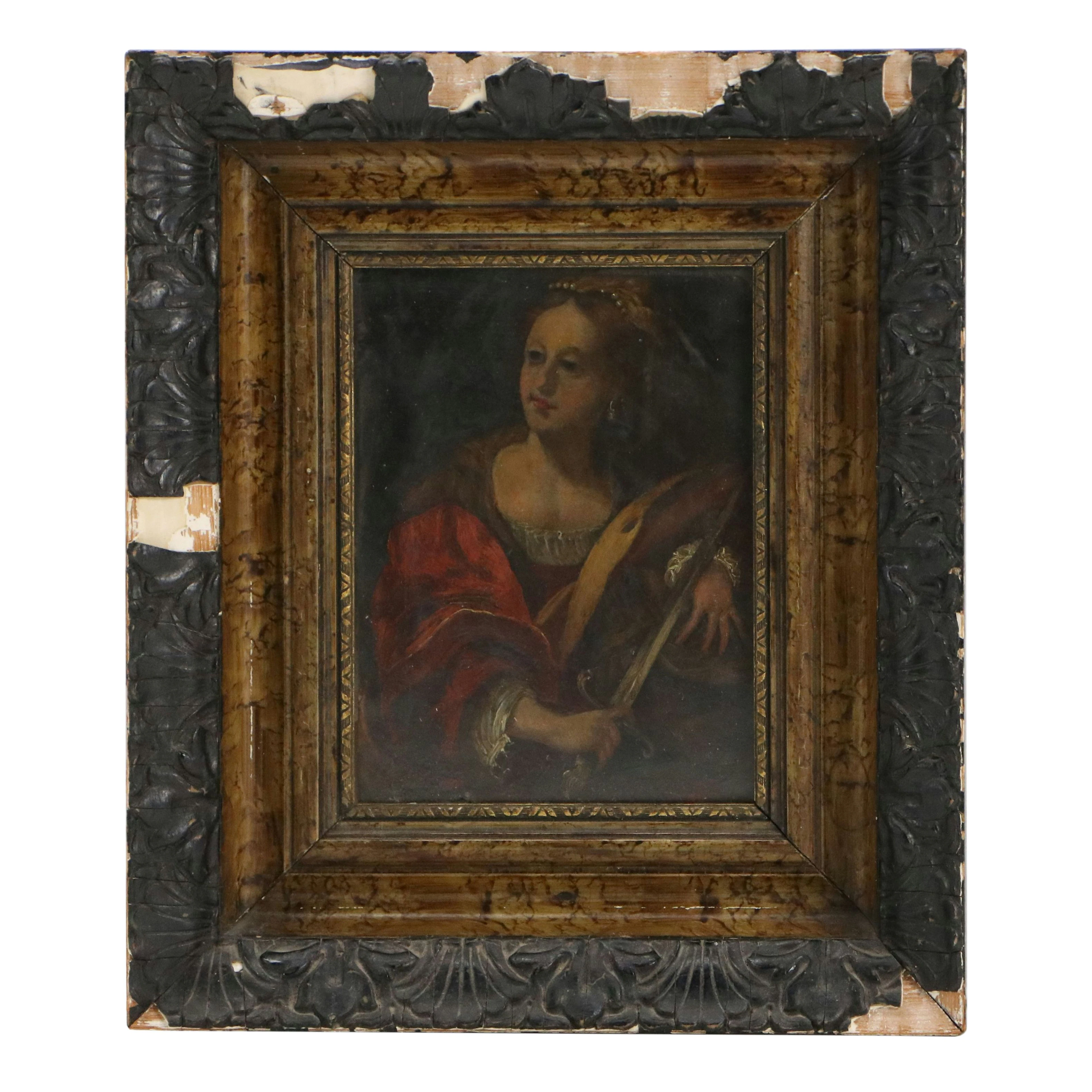 Continental School Oil Portrait of Noblewoman with Sword, 18th to 19th Century