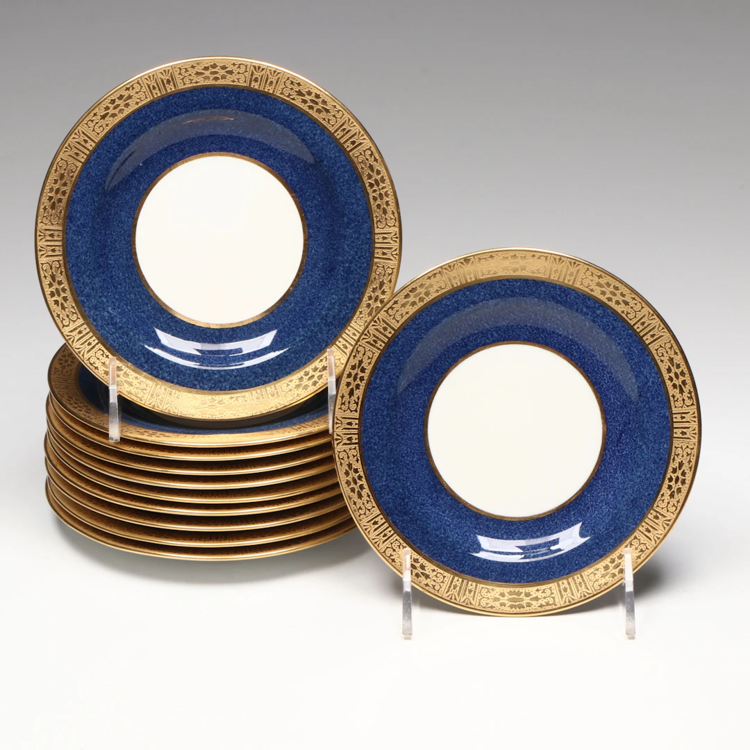 Vintage Spode Gilt & Cobalt Porcelain Bread and Butter Plates, Mid-20th Century