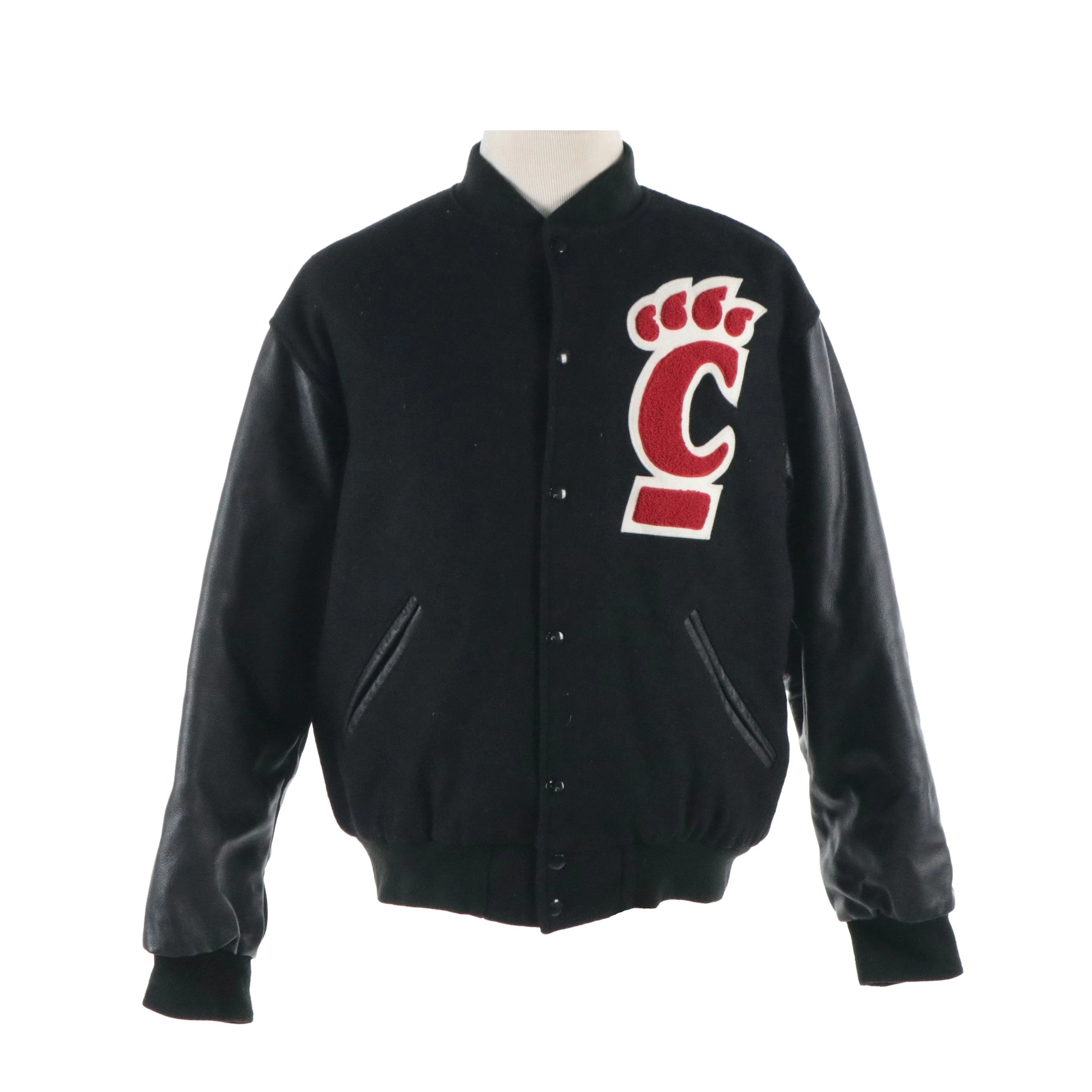 Men's University of Cincinnati Black Wool and Leather Varsity Jacket from GAME