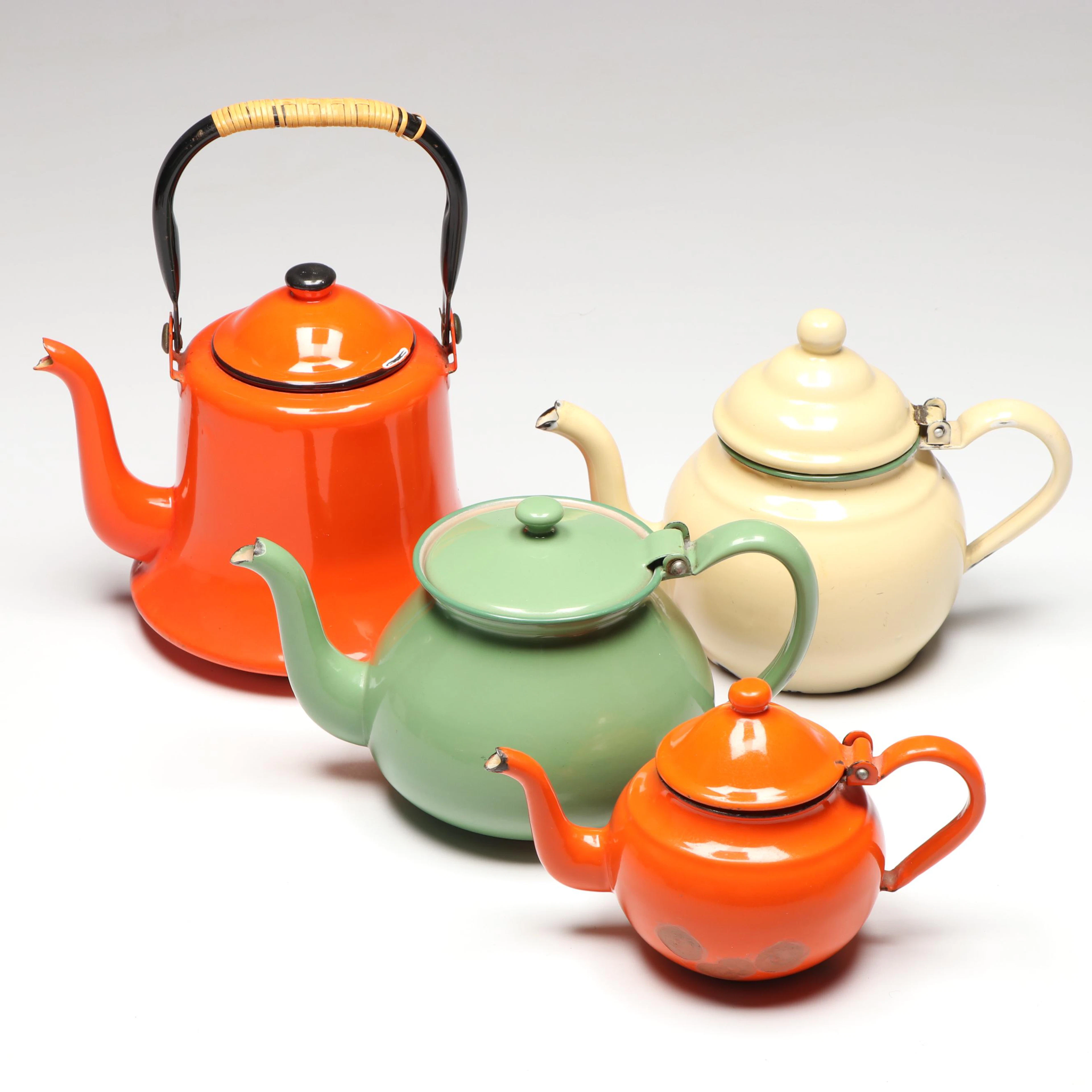 Vintage Art Deco Style Enameled Metal Teapots, Early to Mid-20th Century