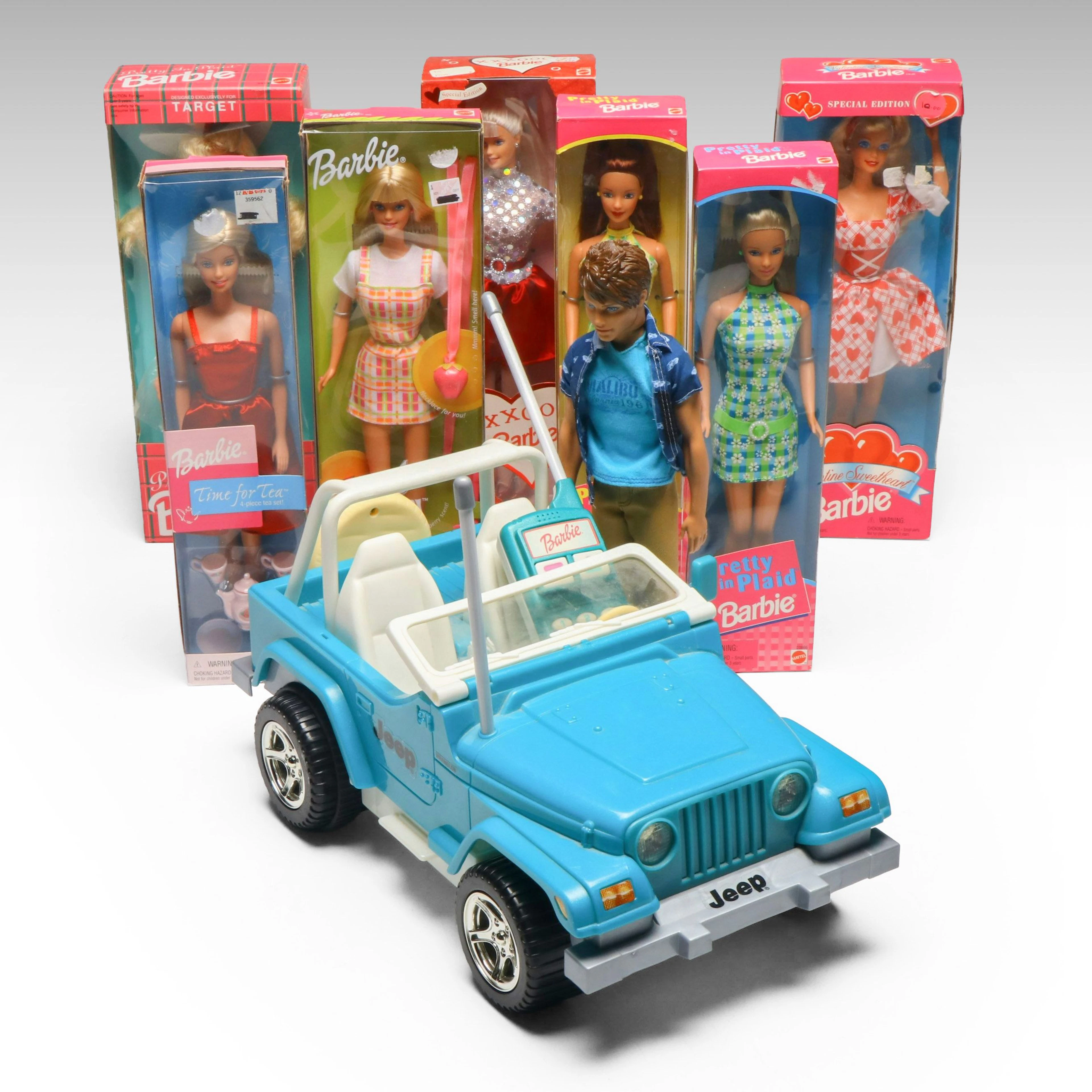 Mattel "Pretty in Plaid," "Very Berry" with More Barbie Dolls and Jeep