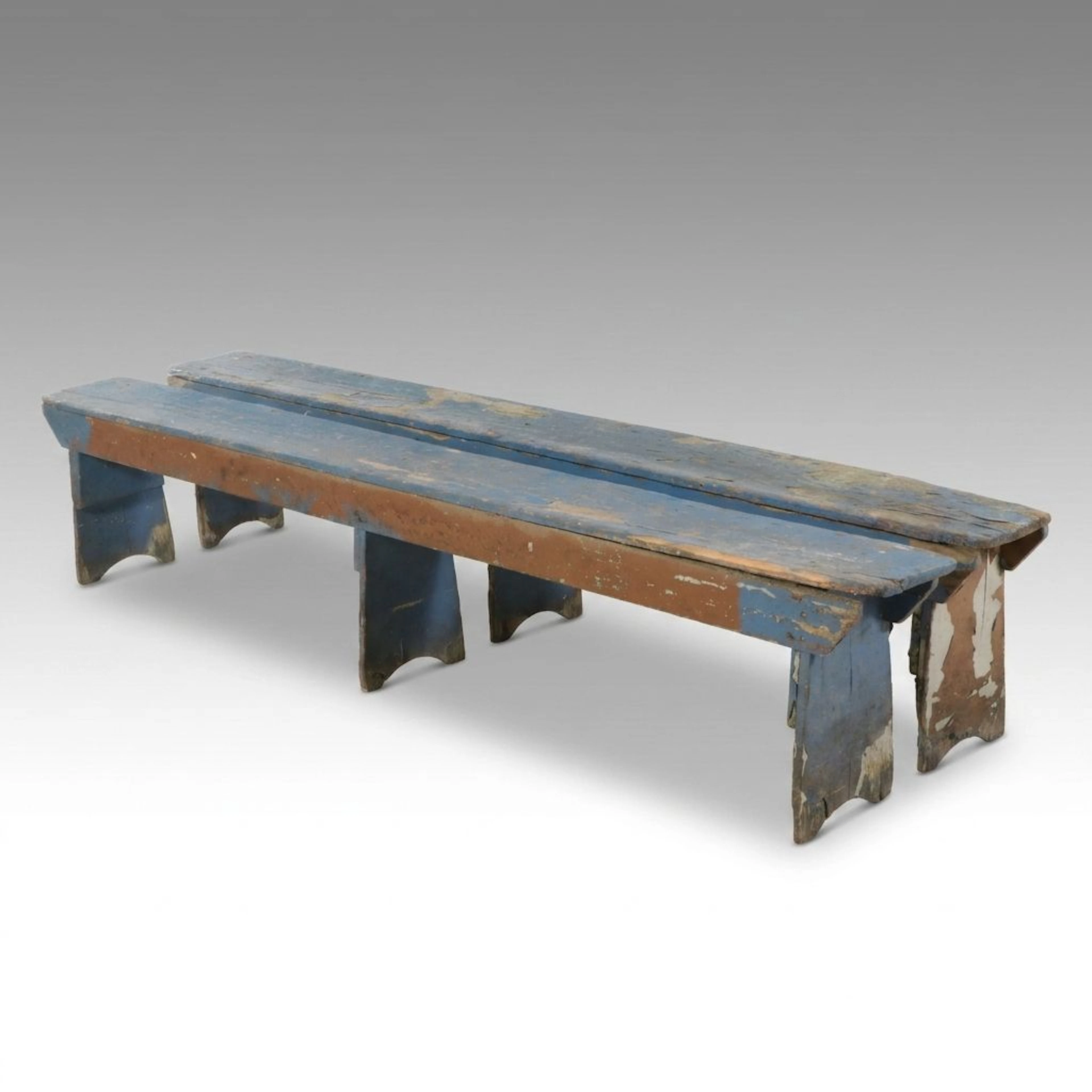 Pair of American Primitive Blue Painted Wood Benches, 20th Century