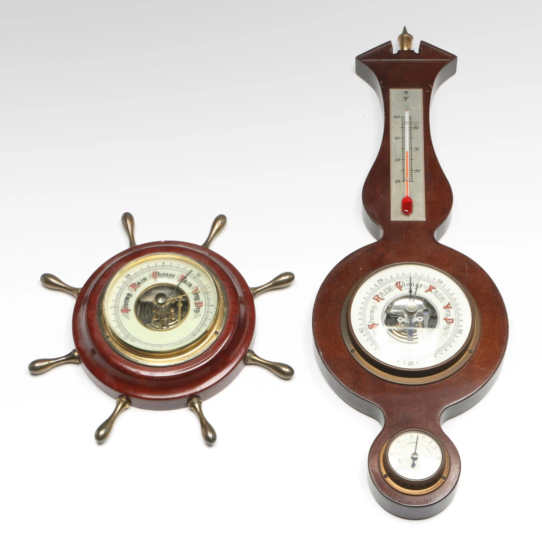 German Mid-Century Banjo Style Weather Station with Ship's Wheel Barometer