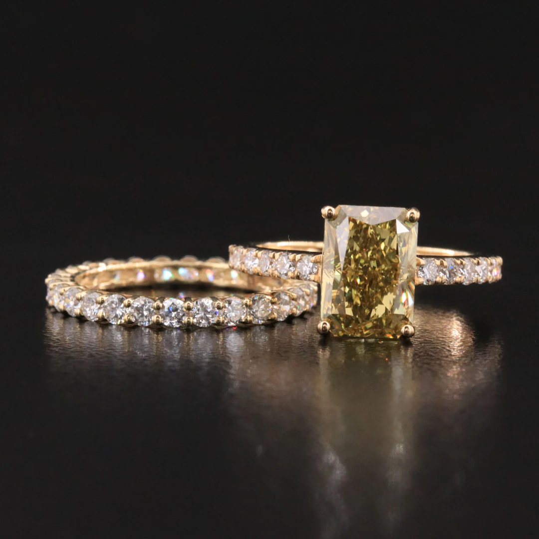 14K 4.62 CTW Lab Grown Diamond Ring with Fancy Yellow Center and Eternity Band