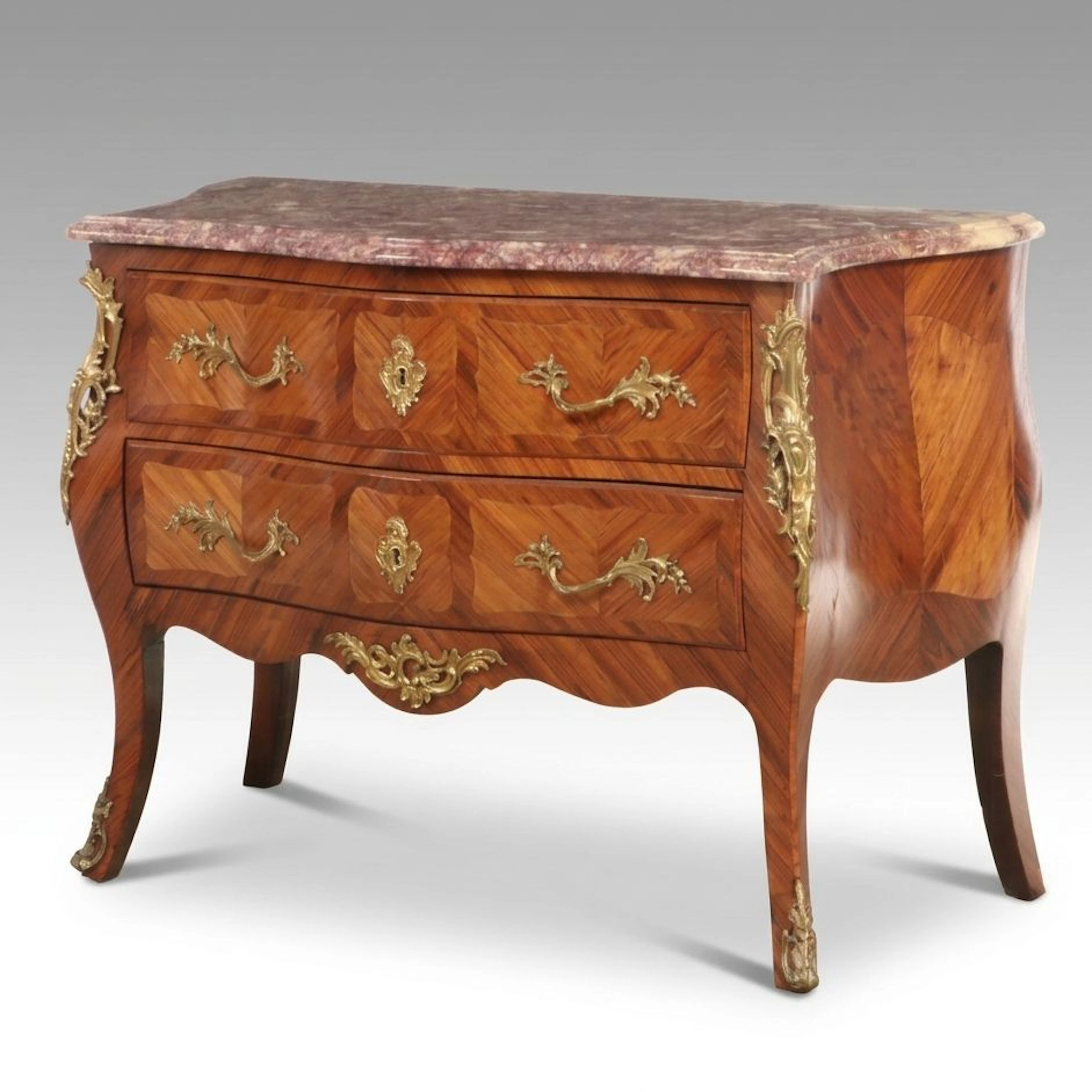 French Louis XV Style Ormolu Mounted Marble Top Bombé Chest