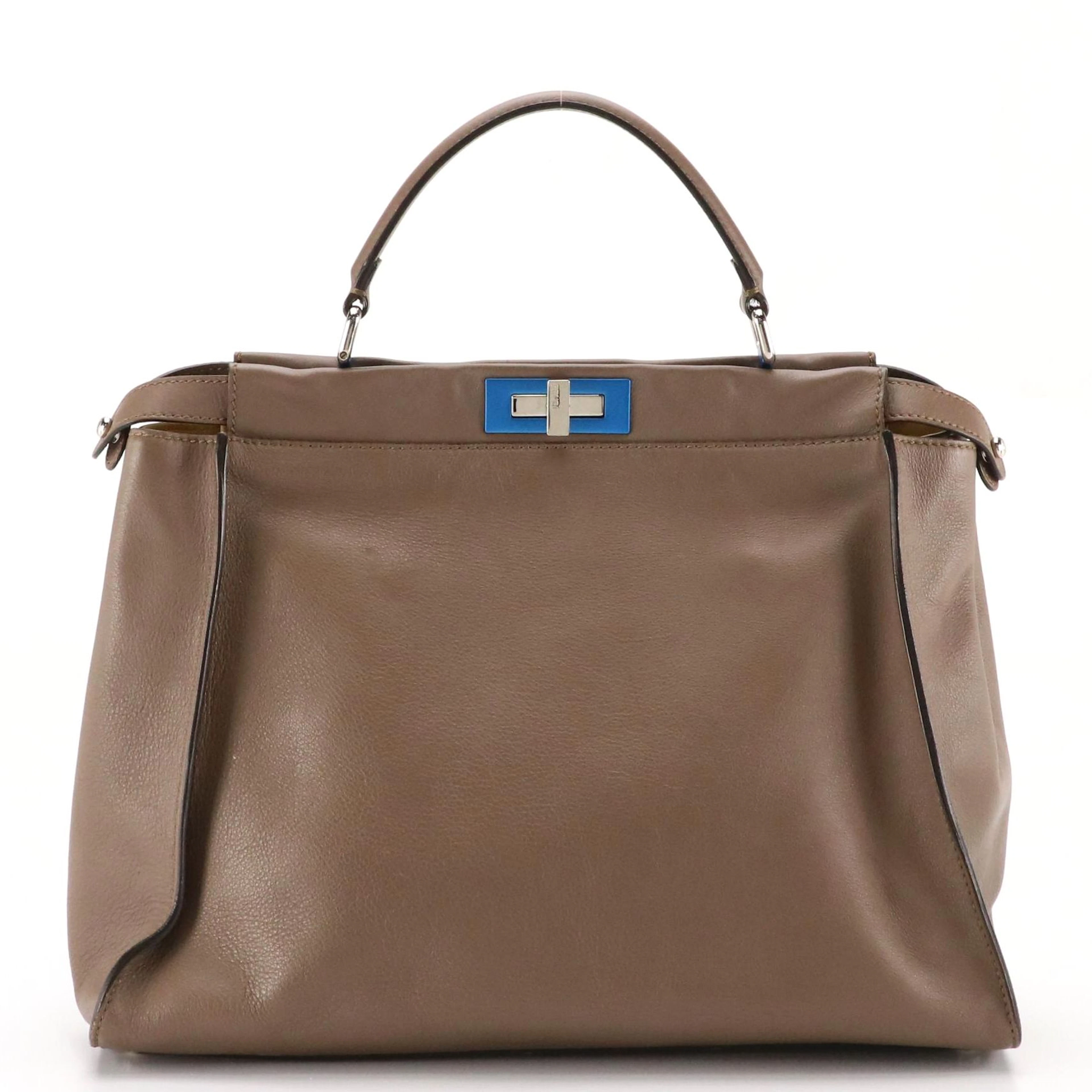 Fendi Large Peekaboo Handbag in Taupe Brown Leather with Blue Accents