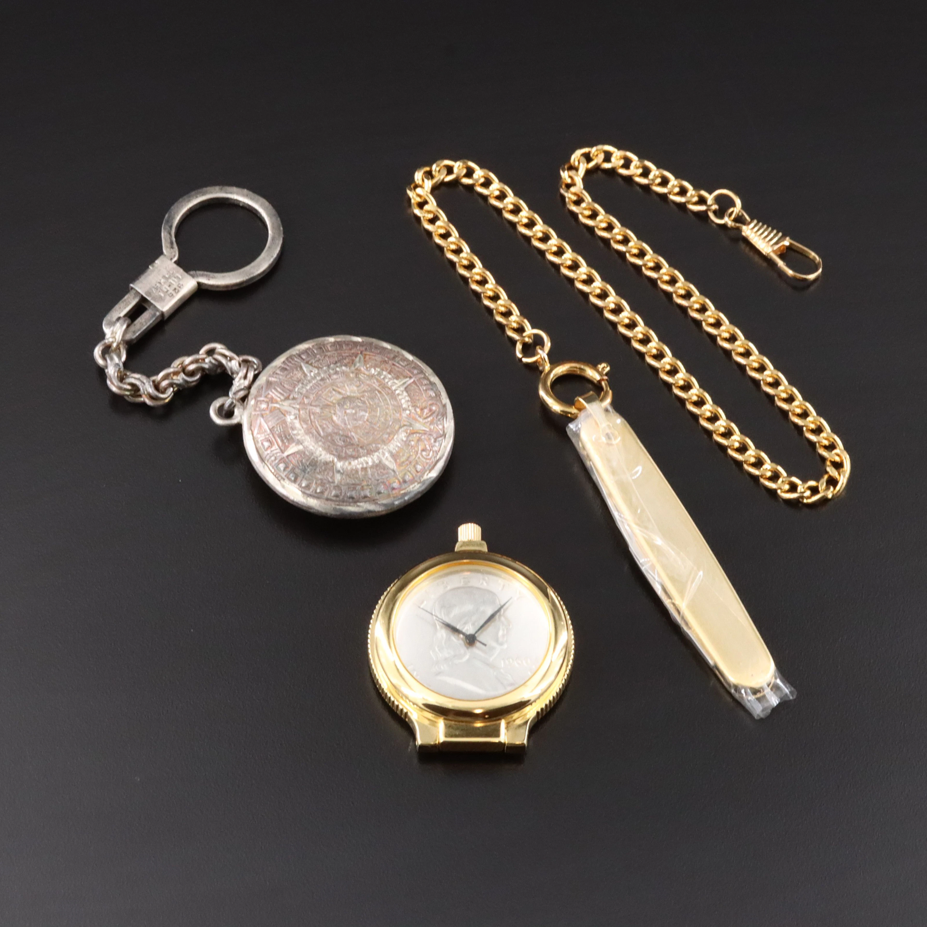 Mexican Taxco 925 Silver Watch Chain and Franklin Coin Pocket Watch with Fob