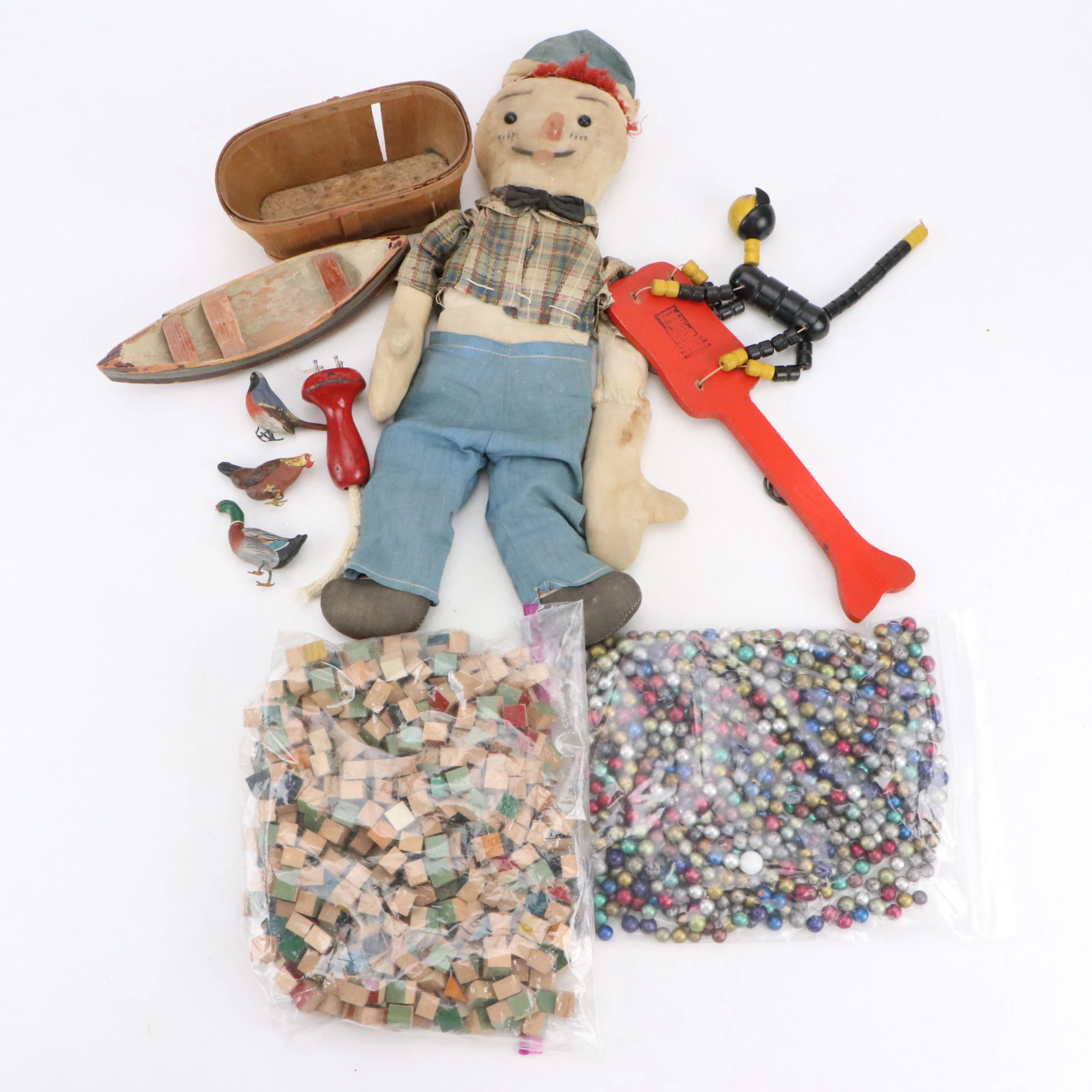 Handmade Raggedy Andy with Fisher Price Pull String Cat and Other Toys