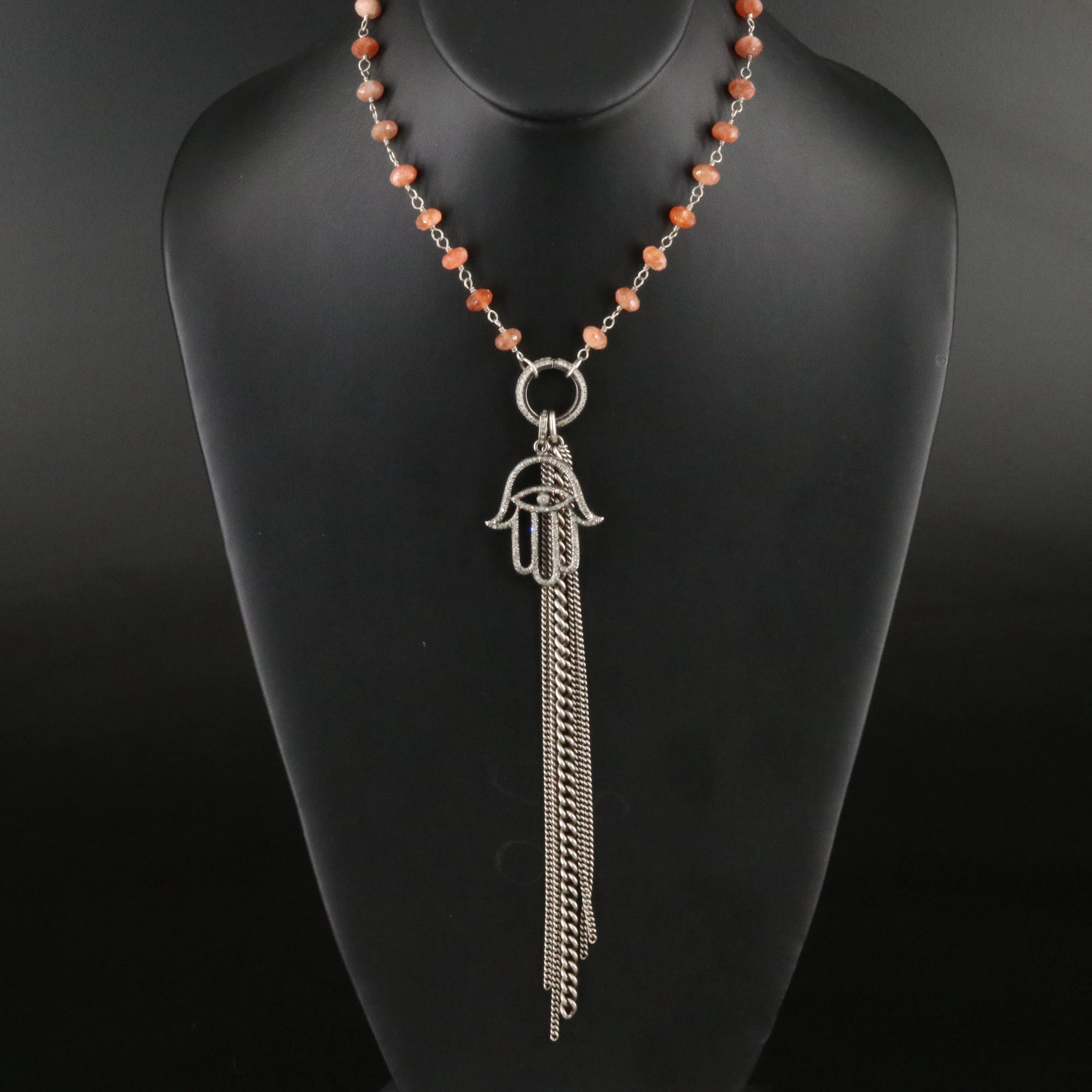 Sheryl Lowe Sterling Sunstone Necklace and Pavé Diamond Accented Hamsa Pendant