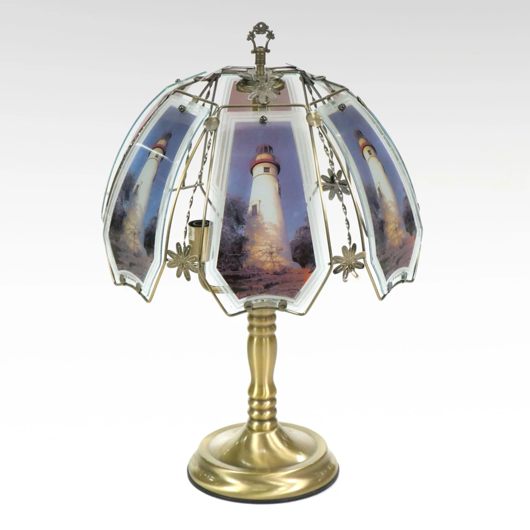 Brass Finish Touch Table Lamp with Six-Panel Glass Lighthouse Shade