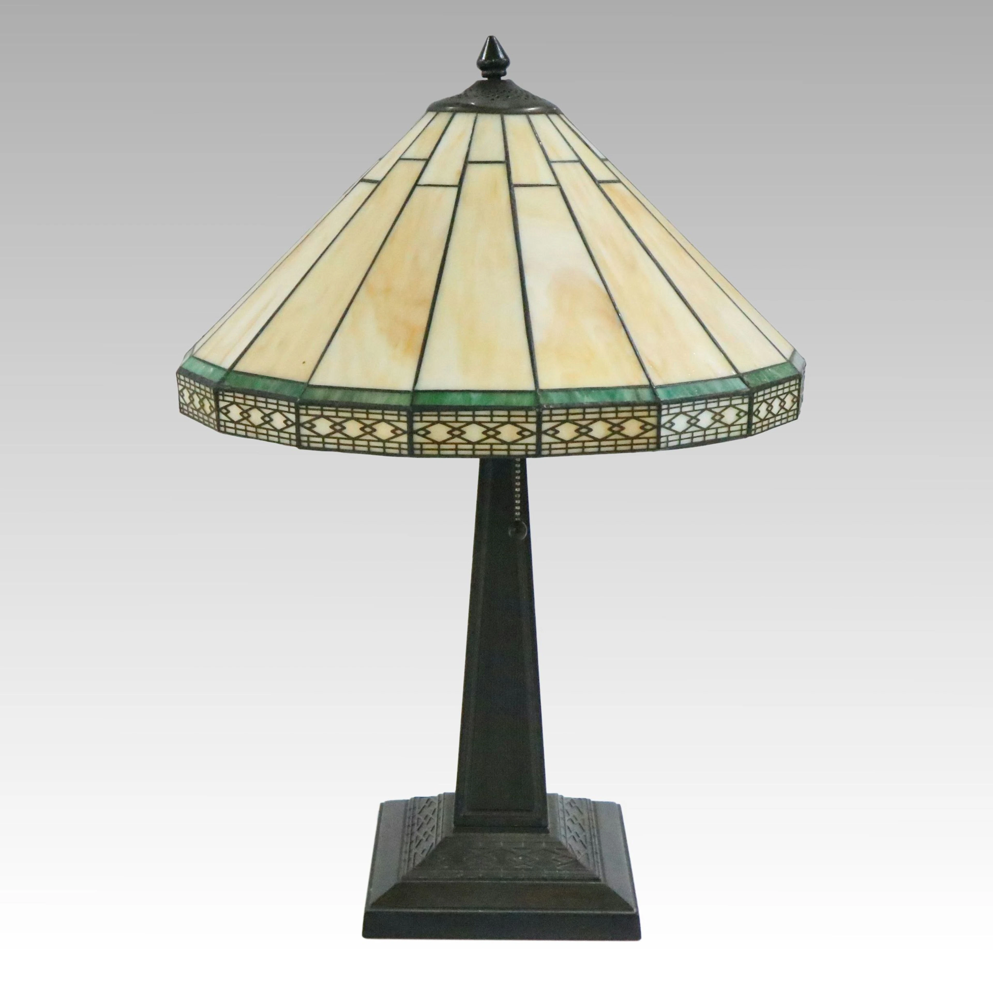Mission Style Bronzed Finish Table Lamp Panel Slag Shade